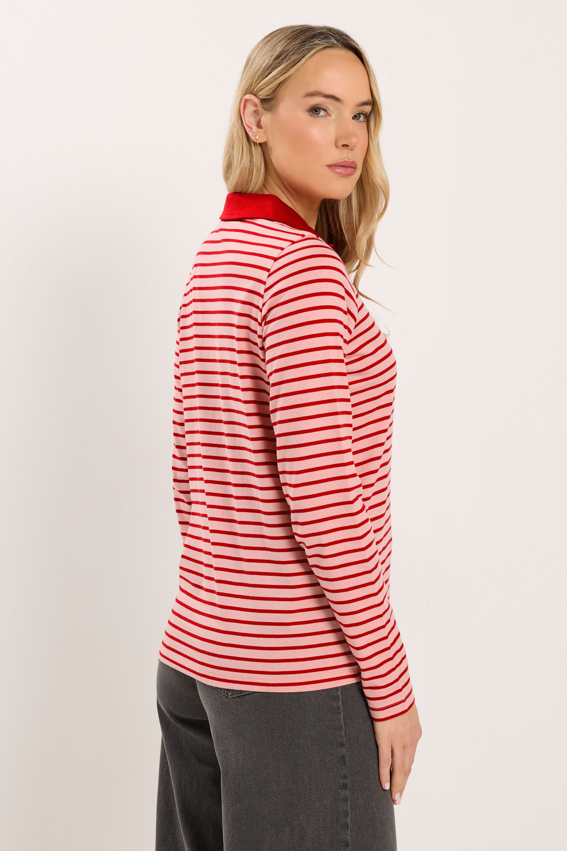 LTS Tall Women's Red and Pink Stripe Polo T-Shirt | Long Tall Sally 3
