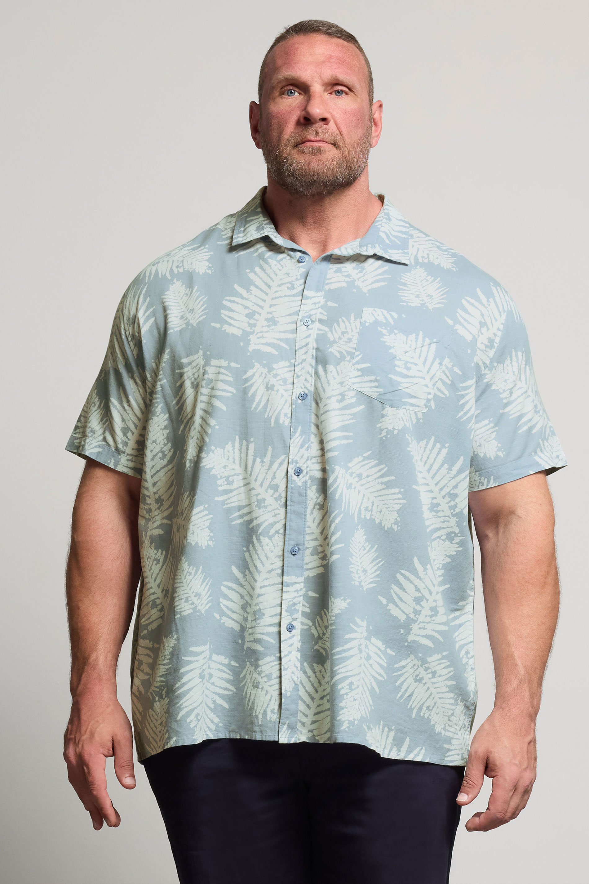 BadRhino Big & Tall Dusky Blue Palm Leaf Linen Shirt | BadRhino 2