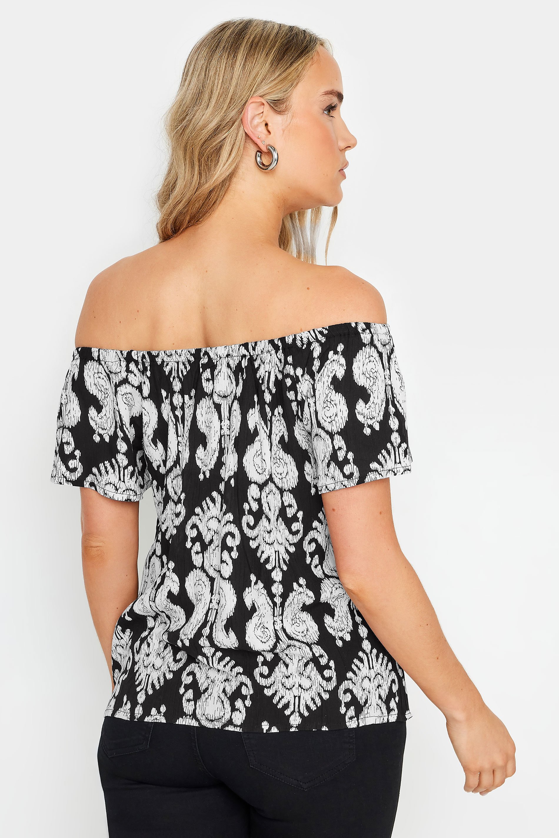 LTS Tall Women's Black Aztec Print Button Detail Bardot Top | Long Tall Sally 4