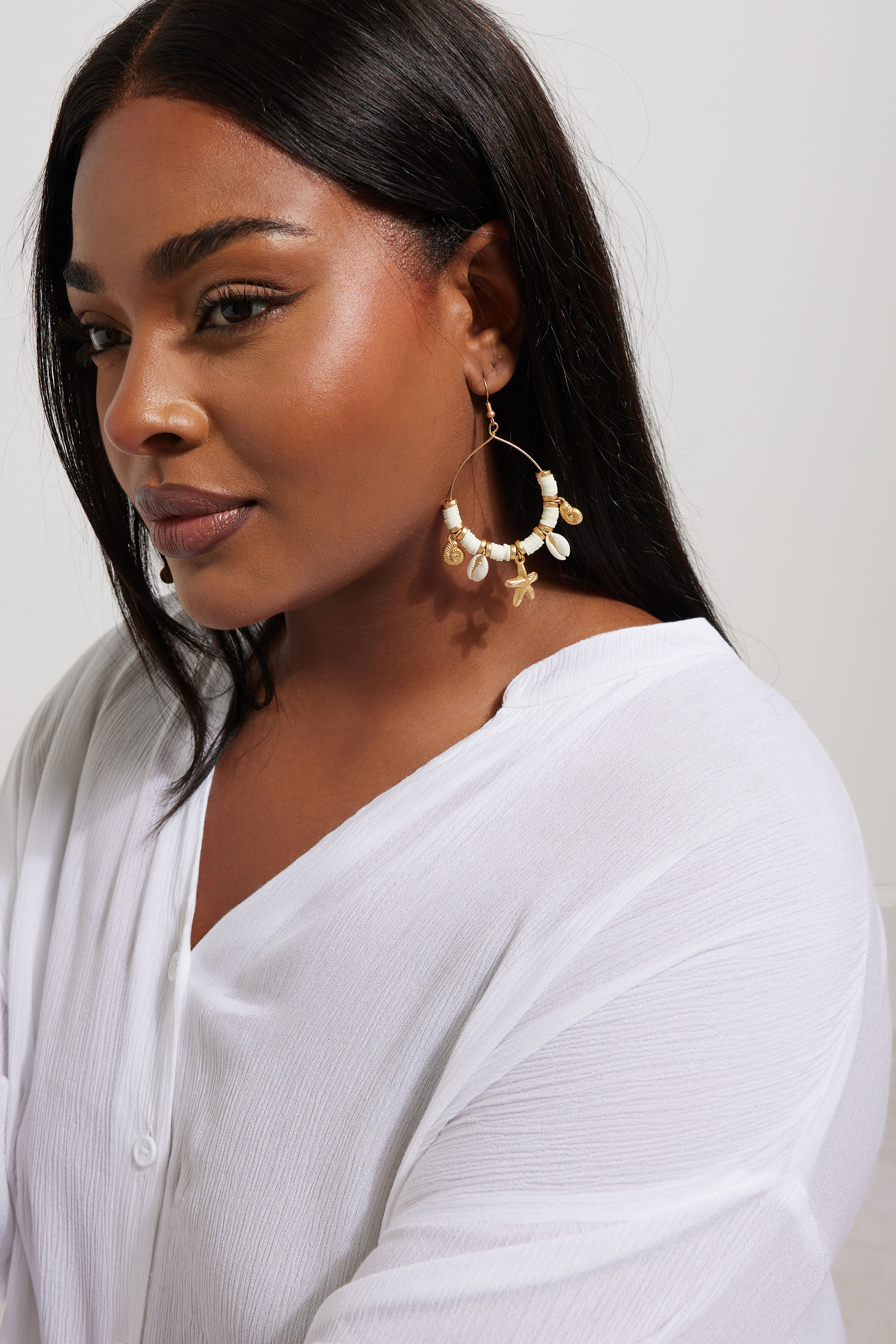 Gold Tone Beaded Shell Hoop Earrings | Yours Clothing 1