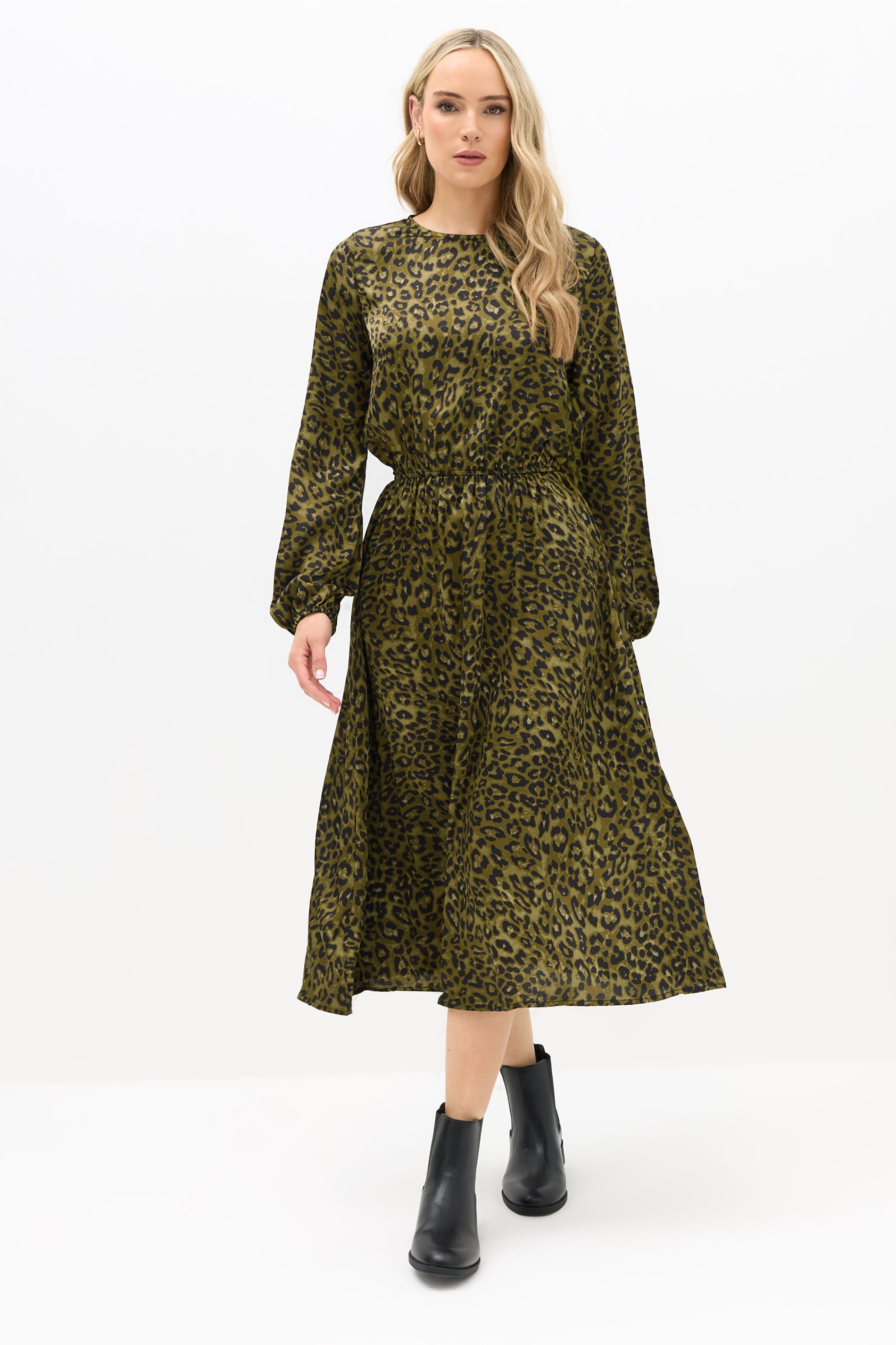 LTS Tall Khaki Green Leopard Print Satin Midi Dress | Long Tall Sally 1