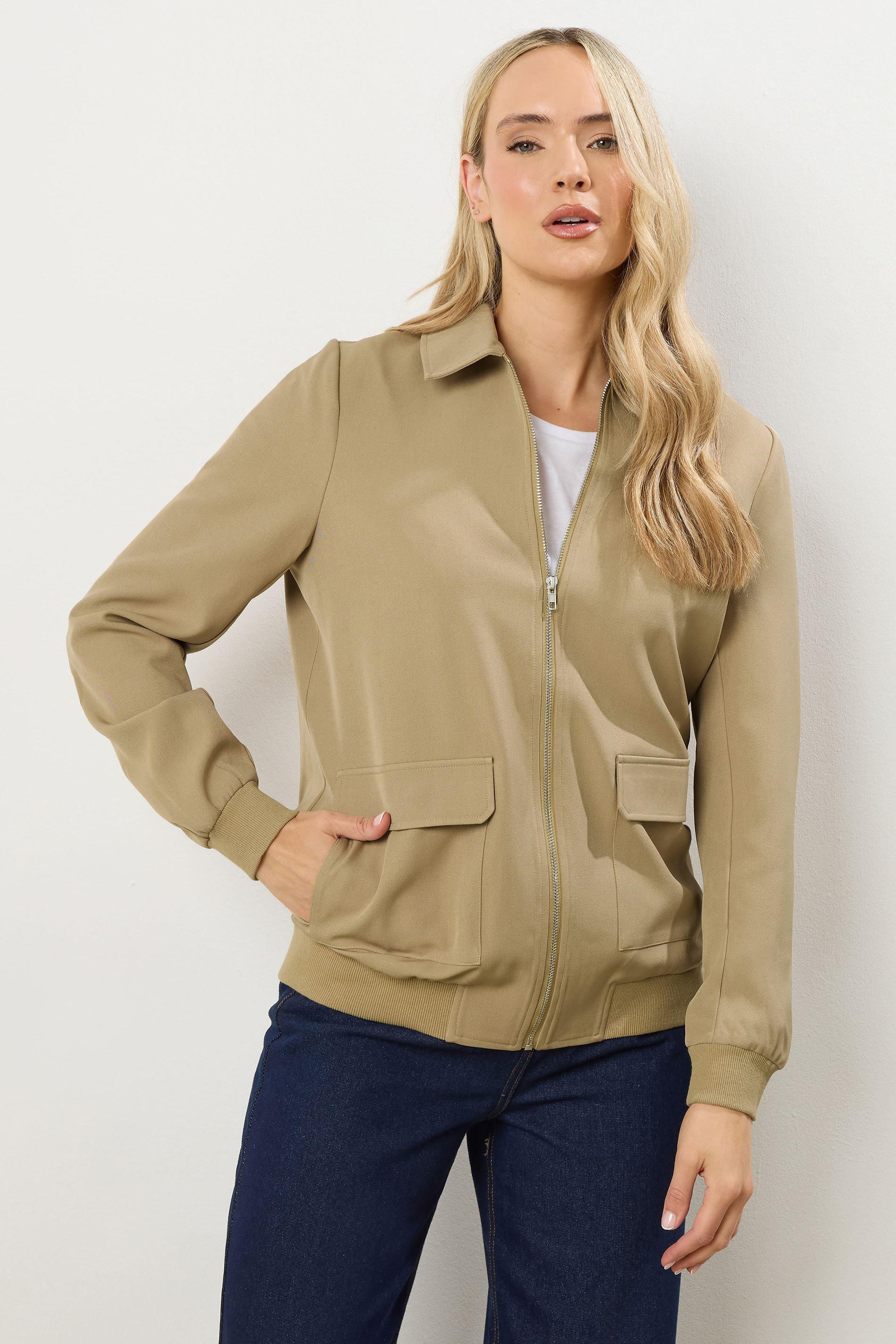 LTS Tall Stone Brown Pocket Bomber Jacket | Long Tall Sally 1
