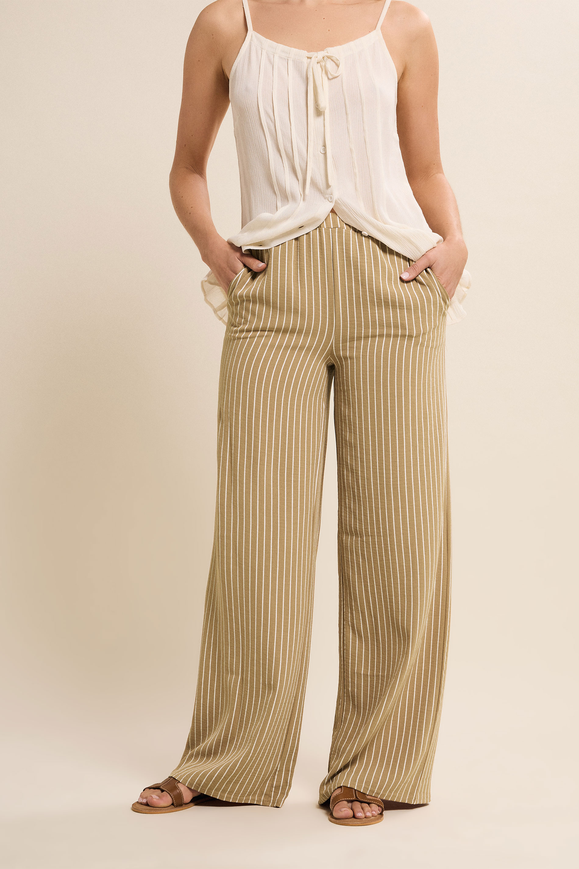 LTS Tall Women's Natural Brown Stripe Wide Leg Trousers | Long Tall Sally 3