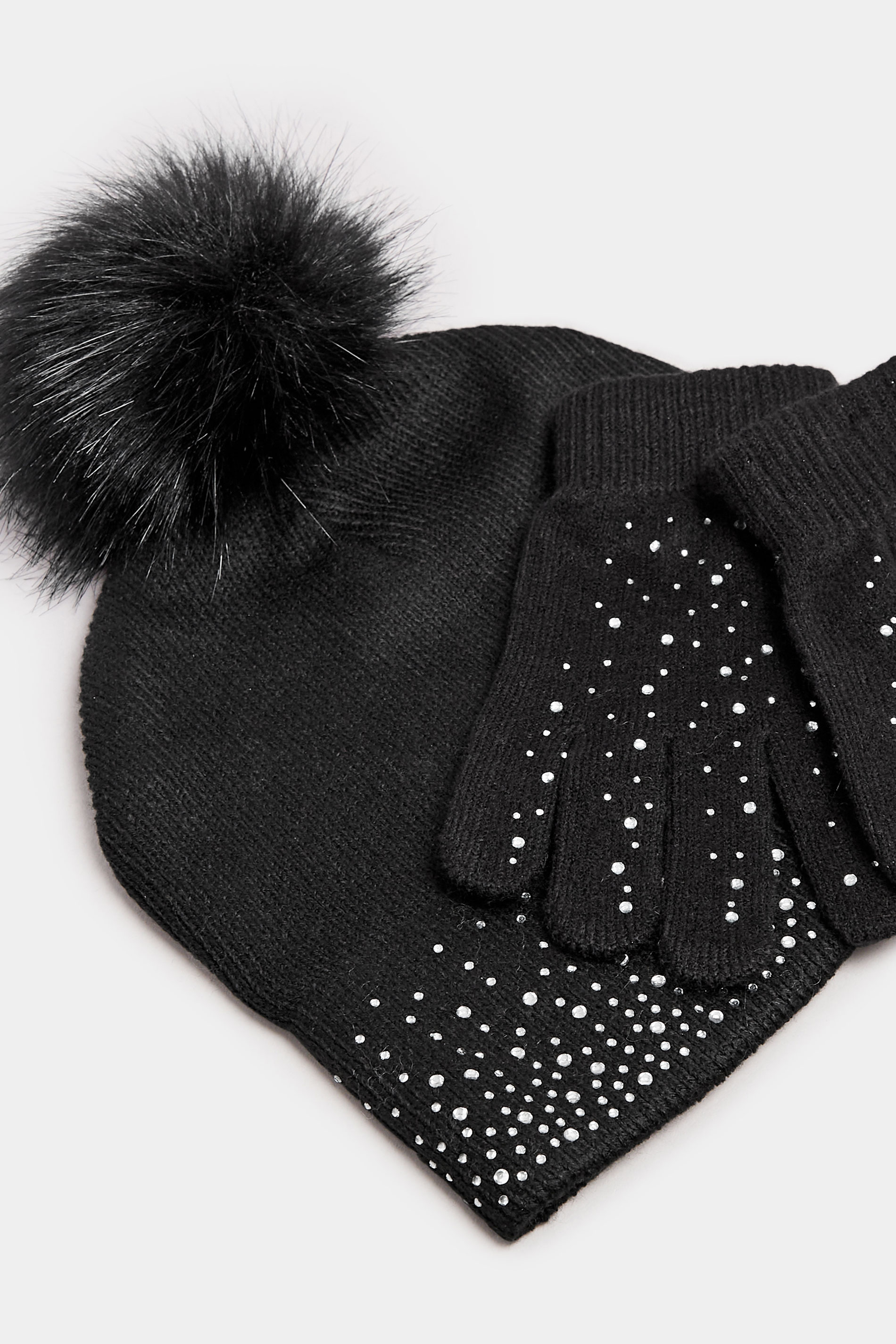 Black Diamante Embellished Bobble Hat & Glove Set | Yours Clothing 3