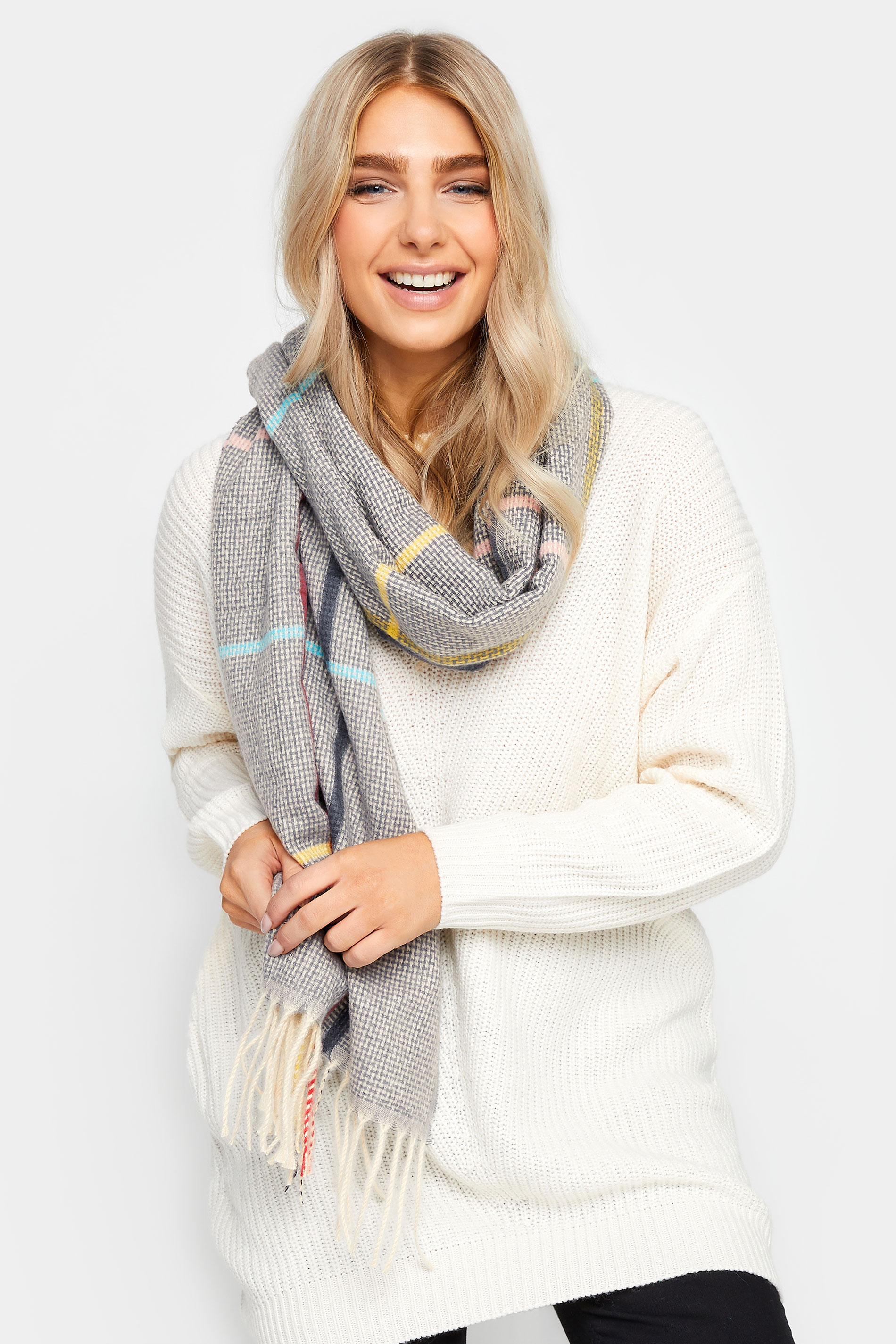 Light Grey Check Tassel Scarf | Yours Clothing  1