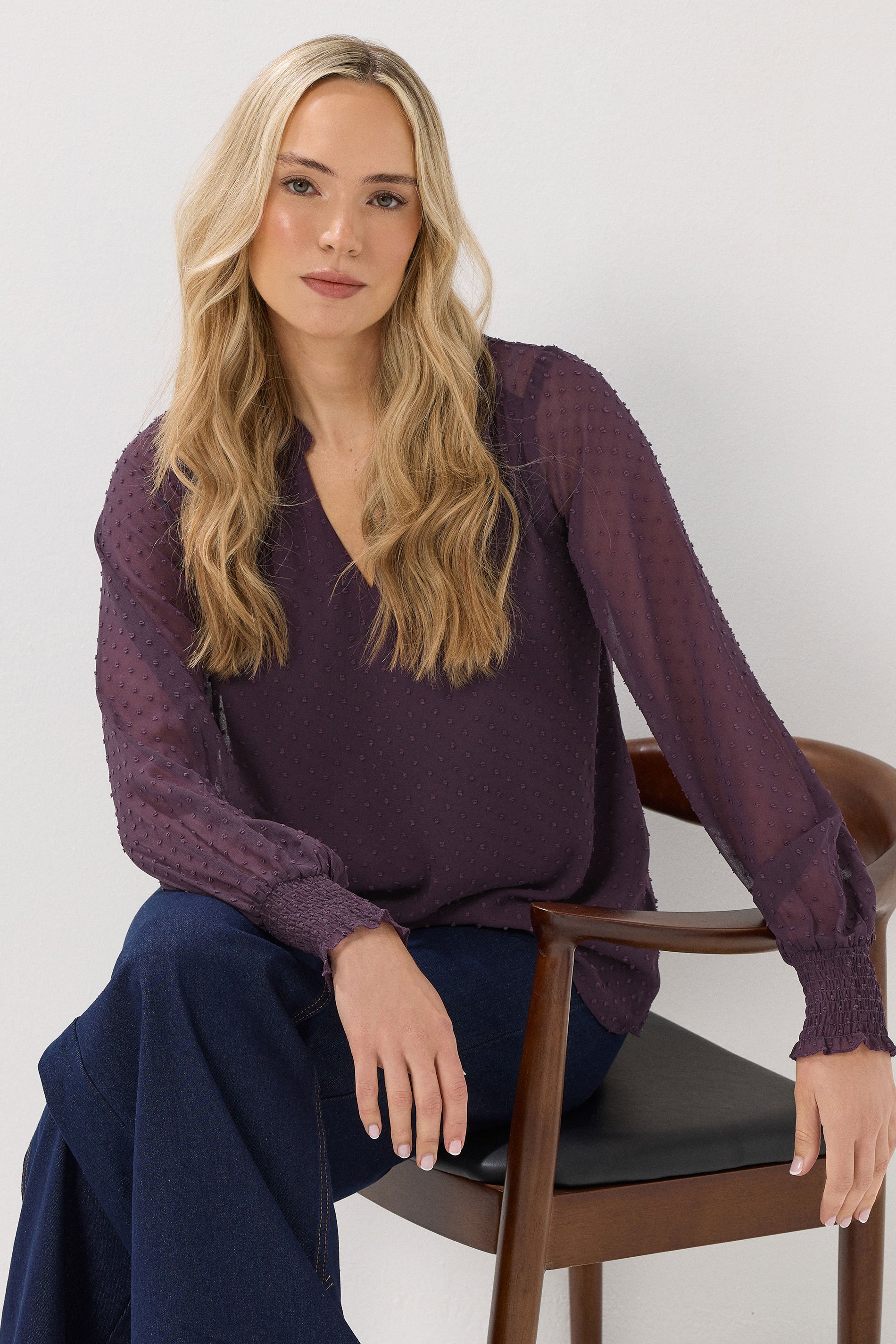 LTS Tall Purple Dobby Spot Shirred Cuff Top | Long Tall Sally 1