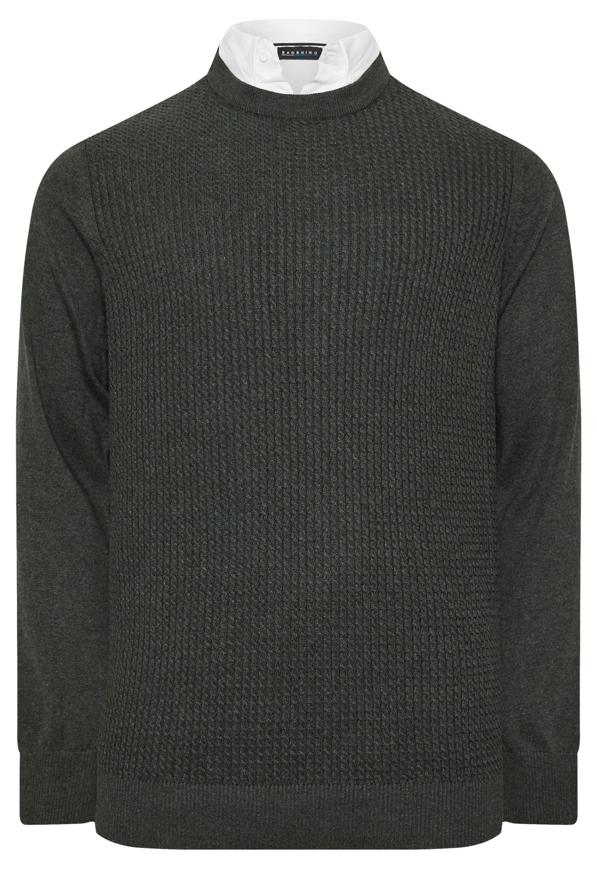 BadRhino Big & Tall Charcoal Grey Cable Knit Mock Shirt Jumper | BadRhino 4