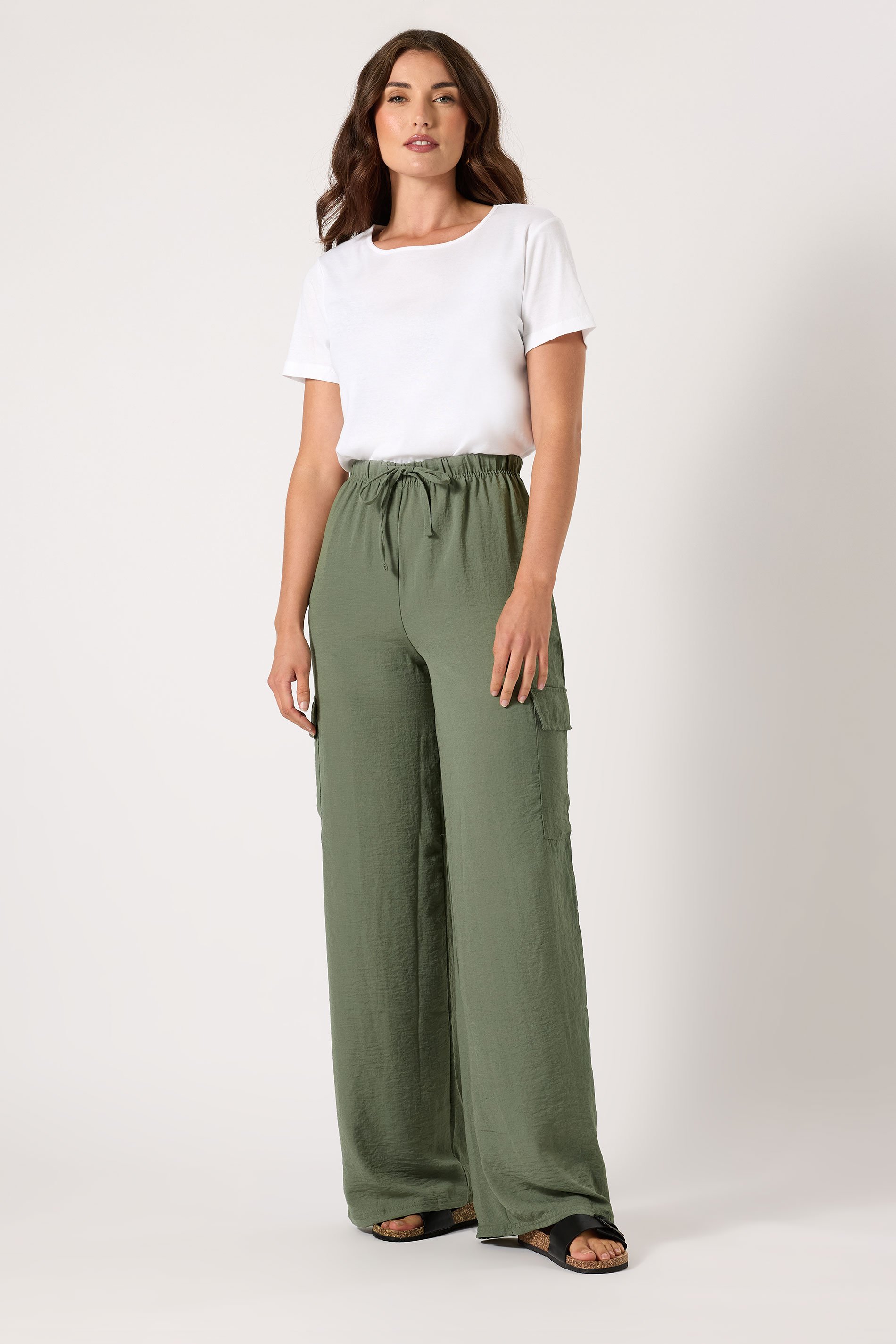 LTS Tall Women's Khaki Green Cargo Crepe Wide Leg Trousers | Long Tall Sally 1