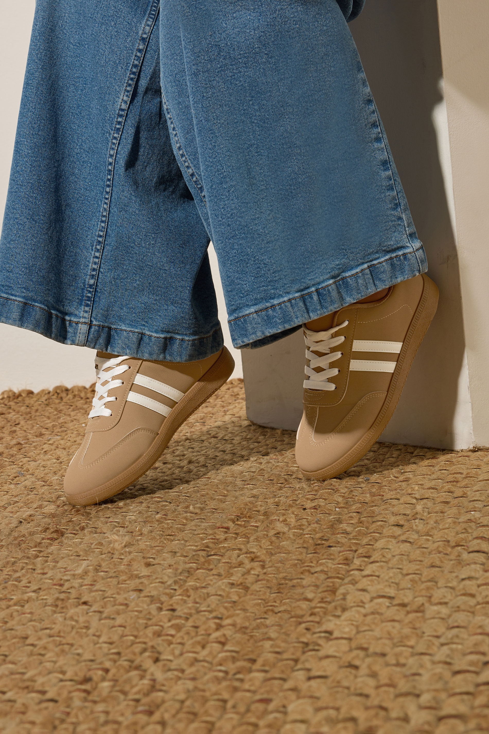 Mocha Brown Retro Stripe Trainers In Extra Wide EEE Fit | Yours Clothing 1