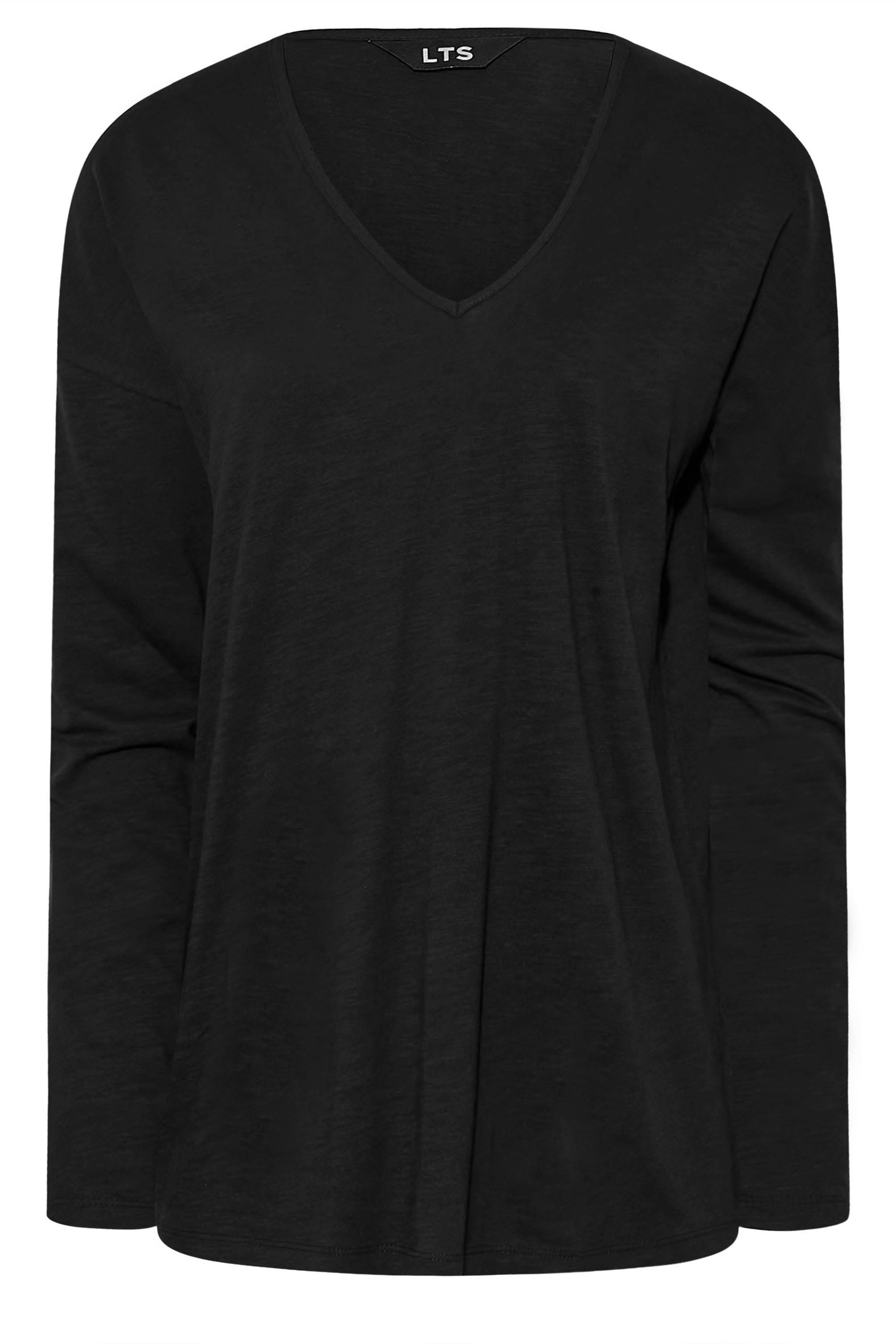 LTS Tall Women's Black V-Neck Long Sleeve Cotton T-Shirt | Long Tall Sally