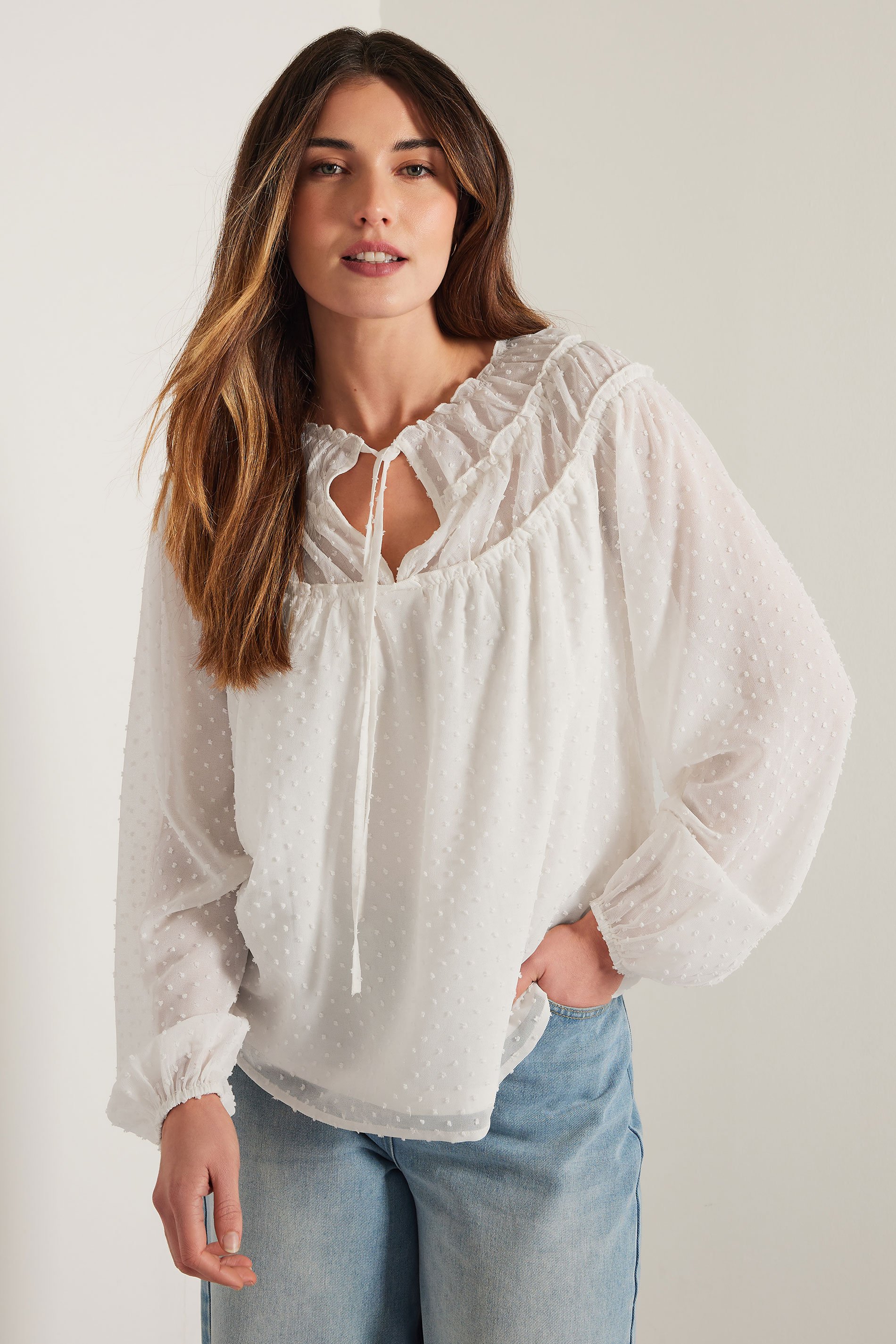 LTS Tall Ivory White Sheer Dobby Tie Neck Blouse | Long Tall Sally 3