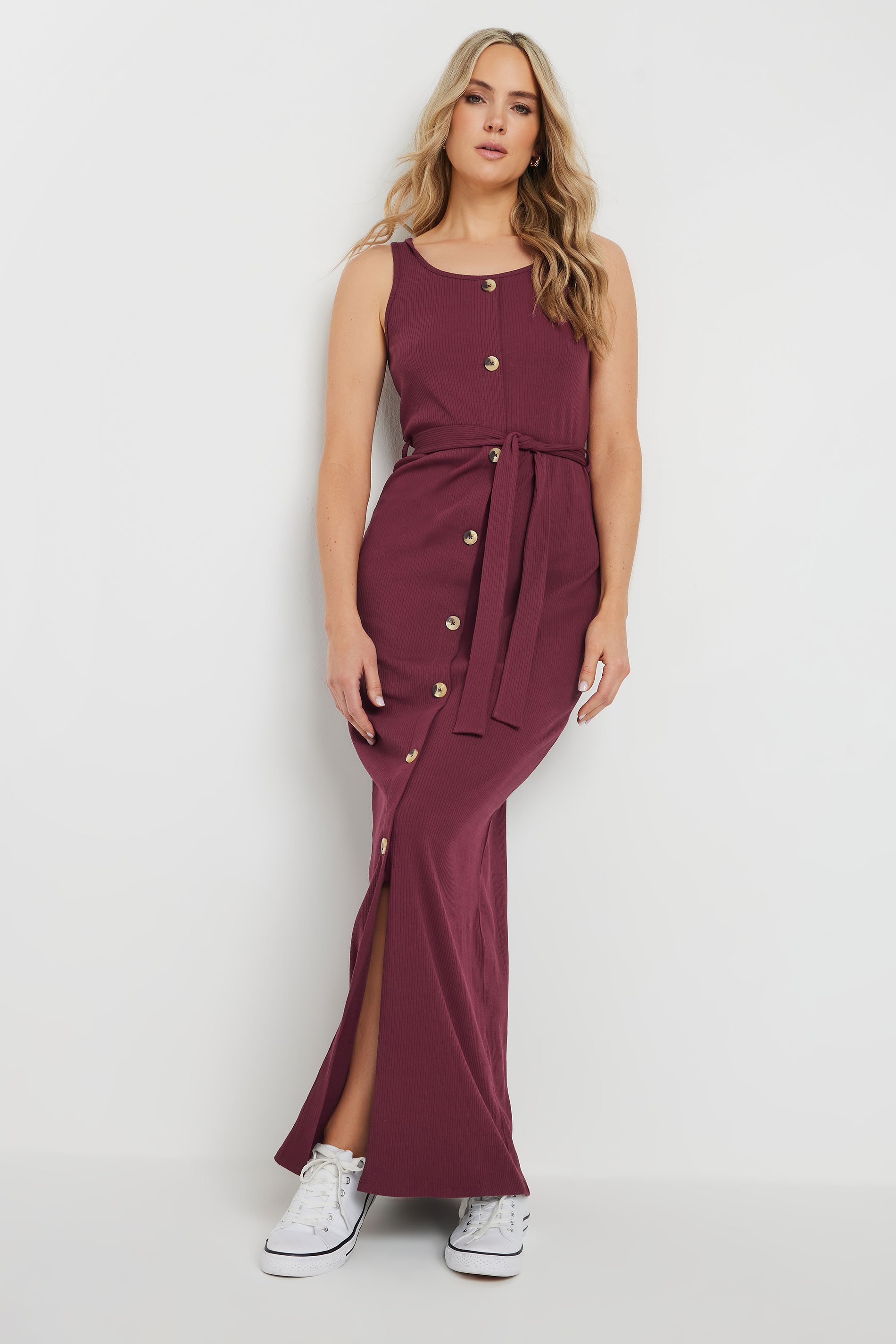 LTS Tall Women's Burgundy Red Ribbed Button Through Maxi Dress | Long Tall Sally 2
