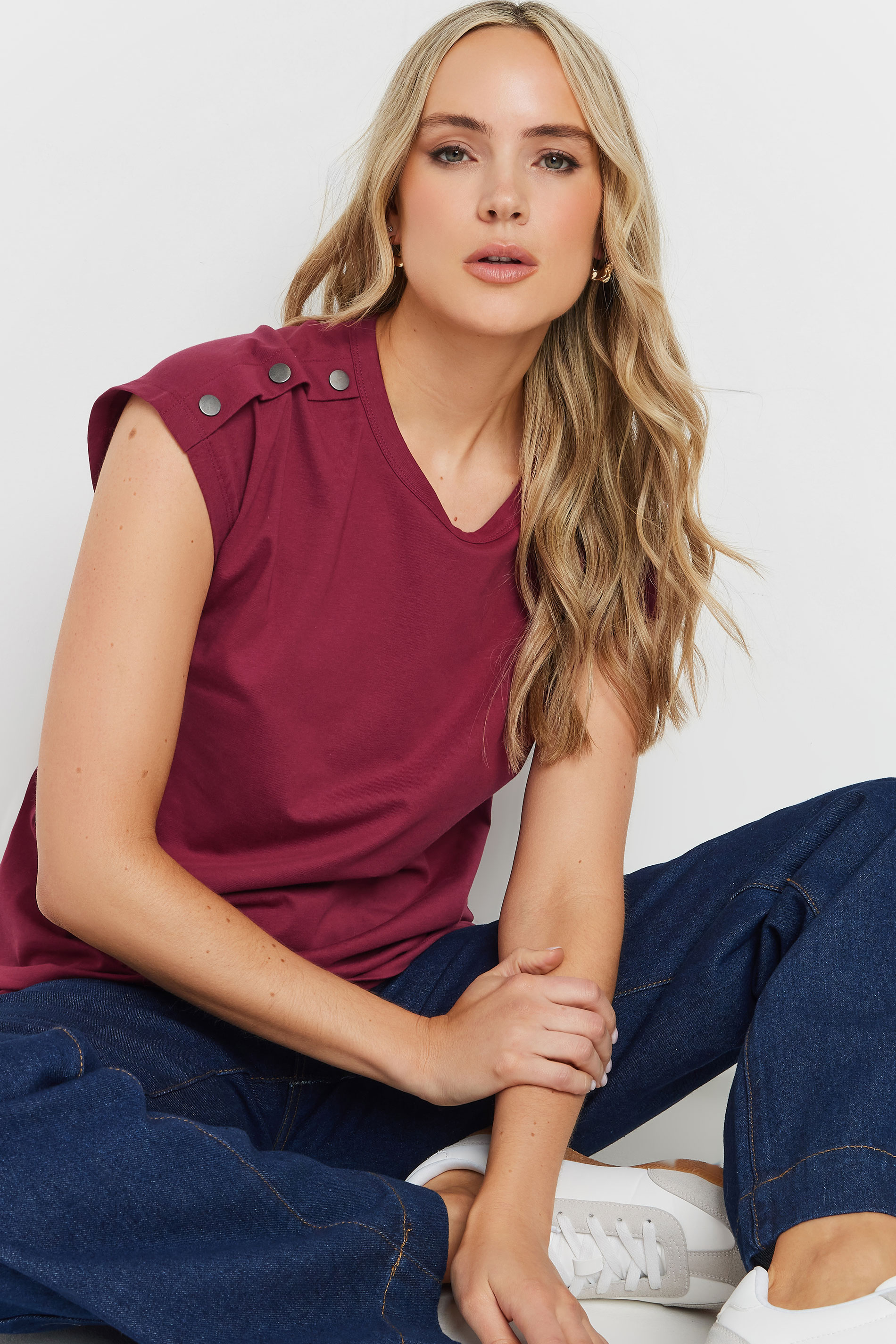 LTS Tall Burgundy Red Shoulder Button Short Sleeve T-Shirt | Long Tall Sally 4
