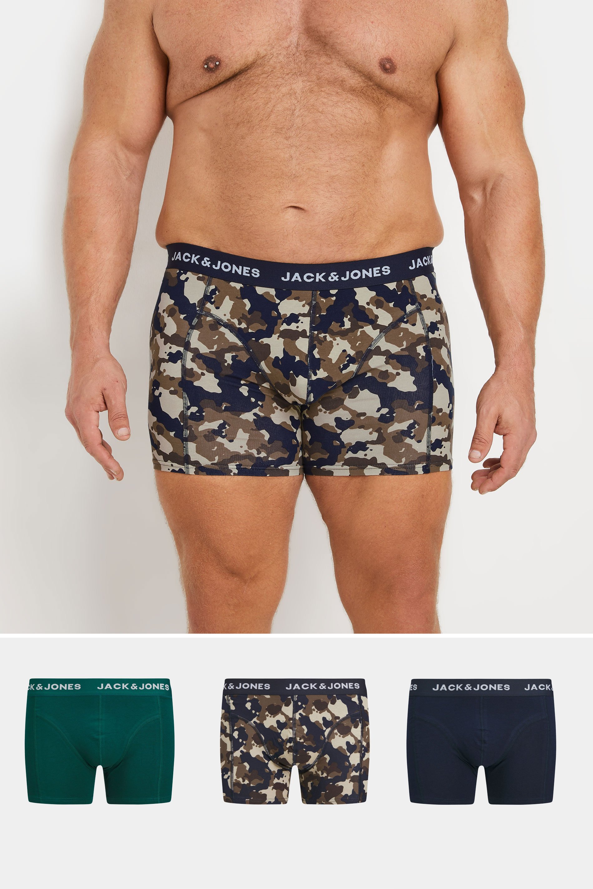 JACK & JONES Big & Tall 3 PACK Navy & Camo Print Boxers | BadRhino 1