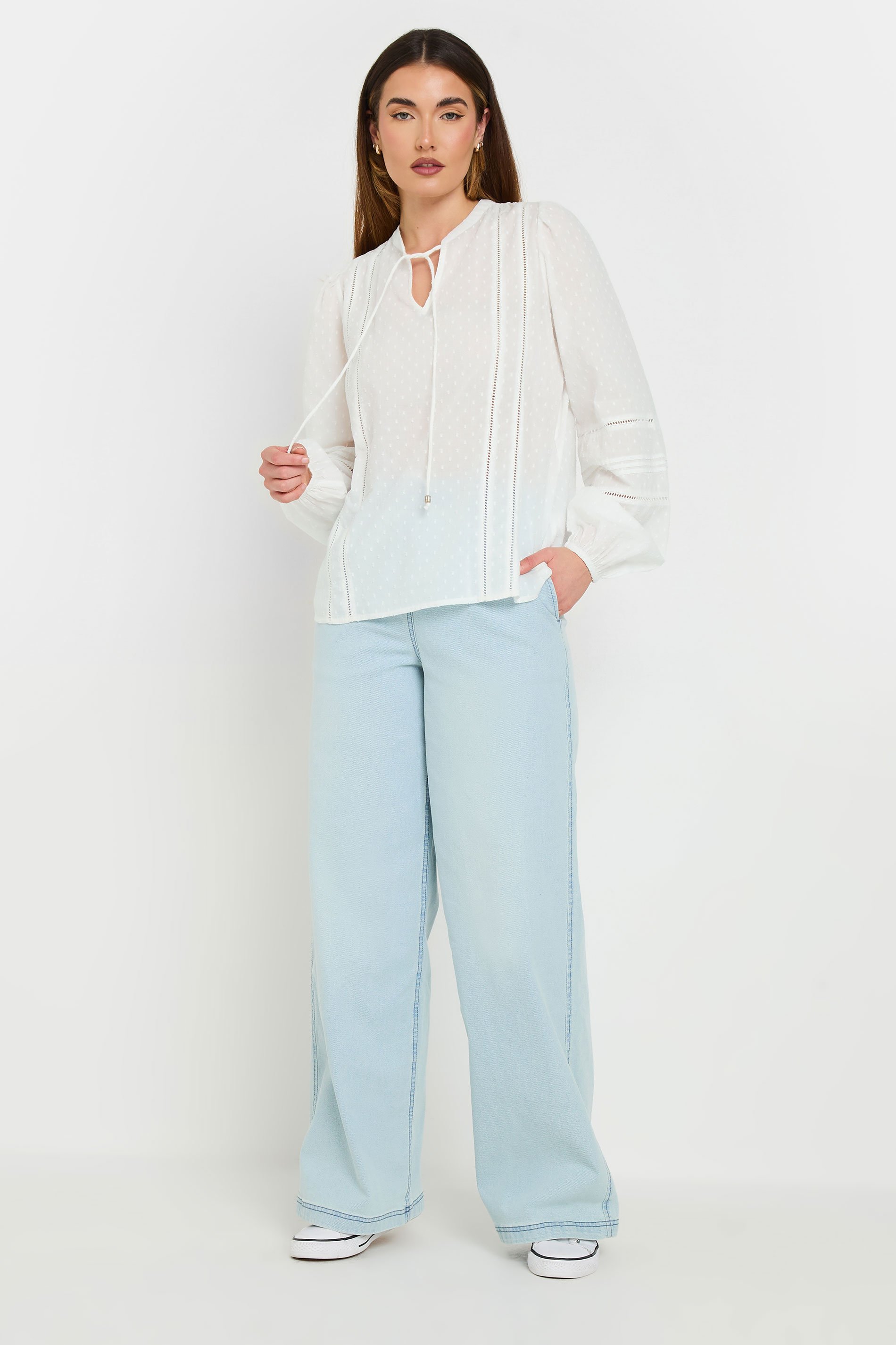 LTS Tall White Cotton Dobby Tie Neck Blouse | Long Tall Sally 4