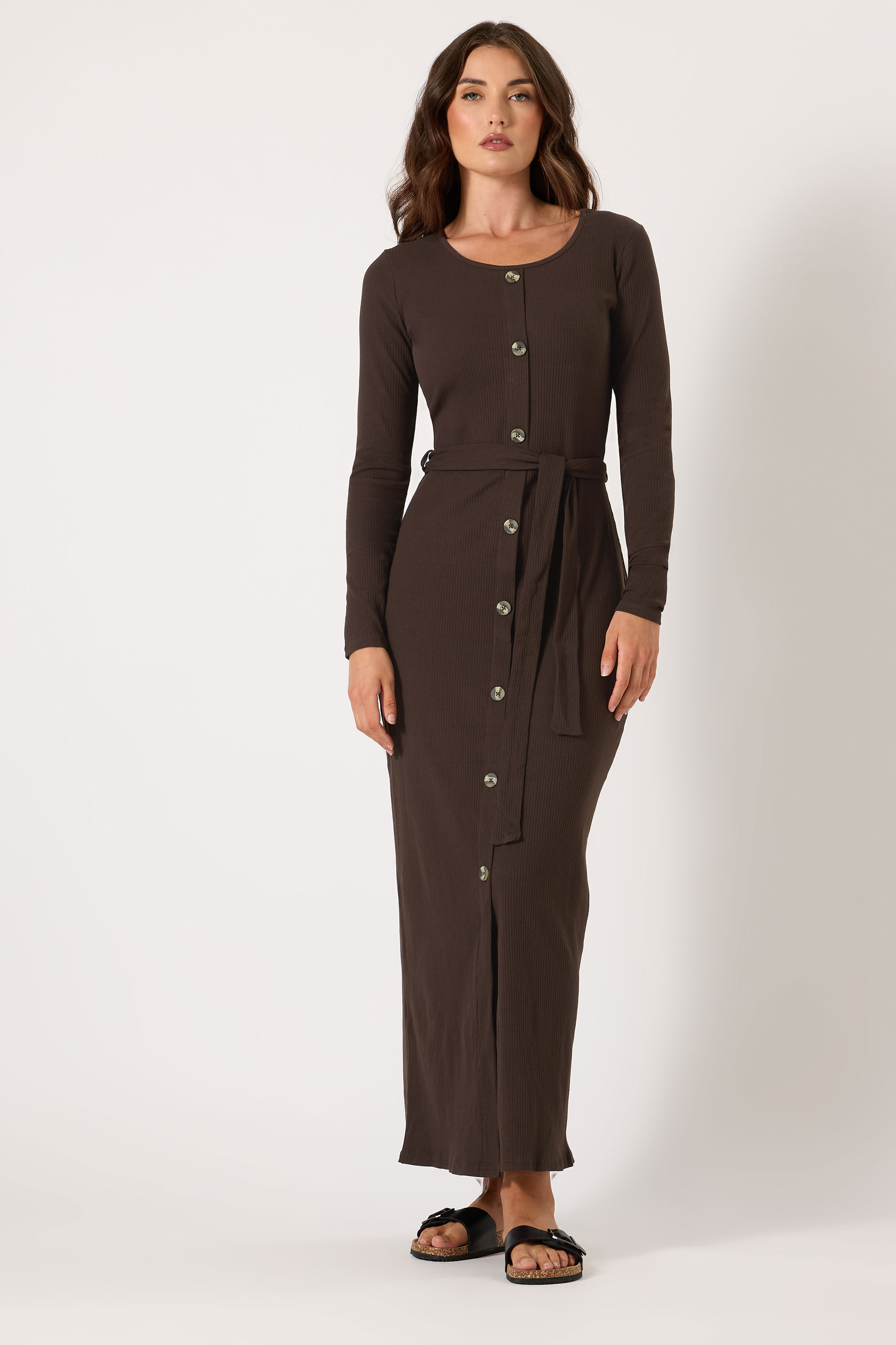 LTS Tall Chocolate Brown Ribbed Button Maxi Dress | Long Tall Sally 1