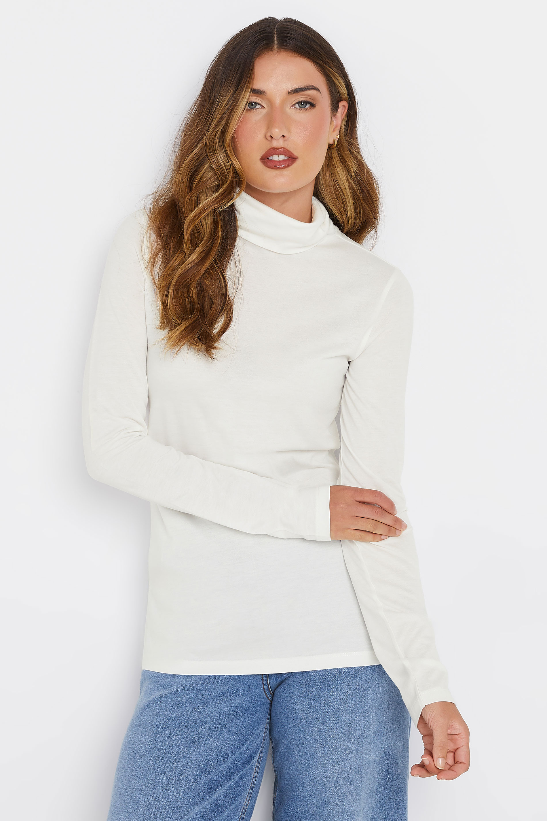 LTS PREMIUM Tall White Long Sleeve Roll Neck Top | Long Tall Sally 1