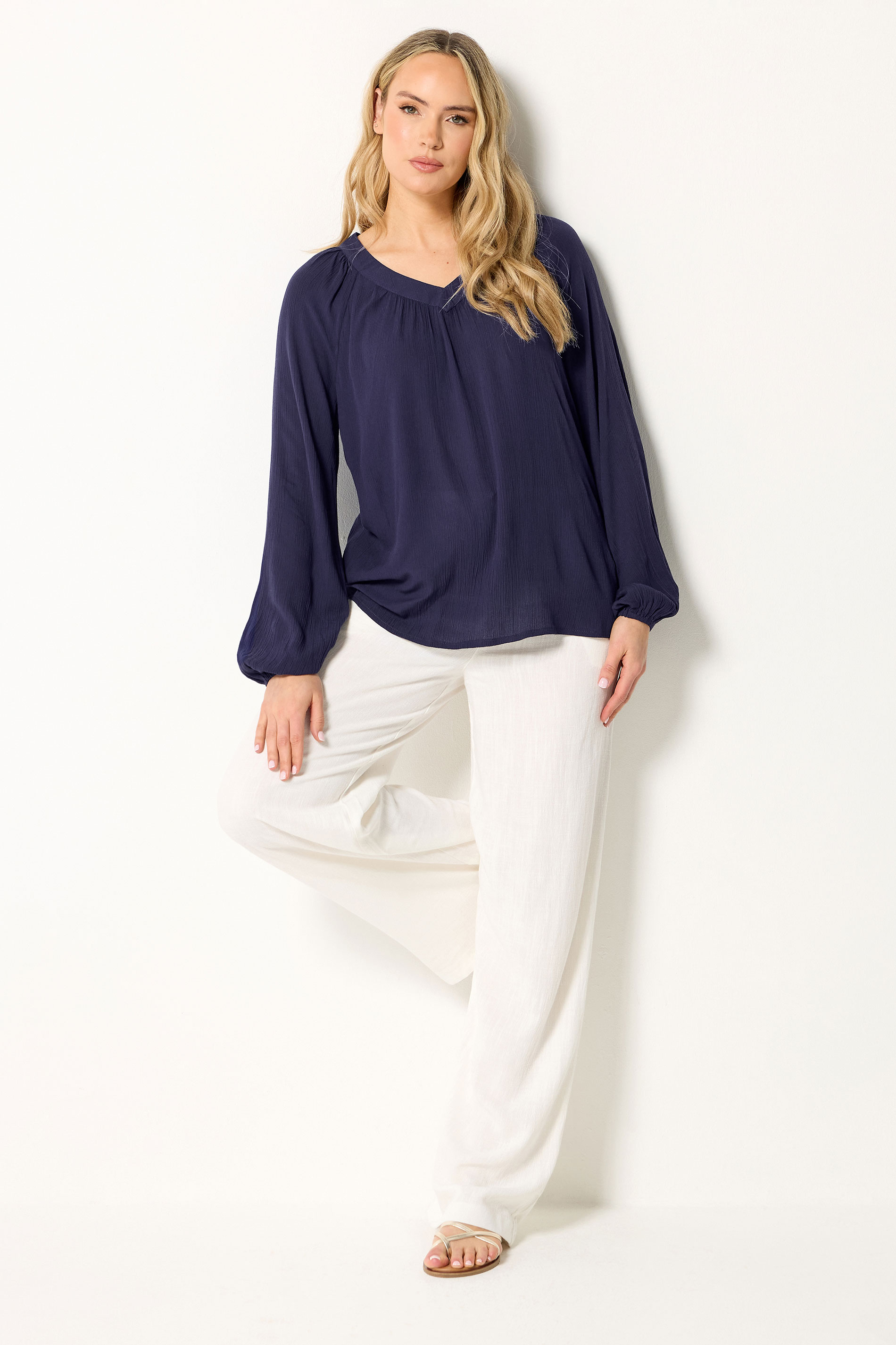 LTS Tall Women's Navy Blue Crinkle Blouse | Long Tall Sally 1
