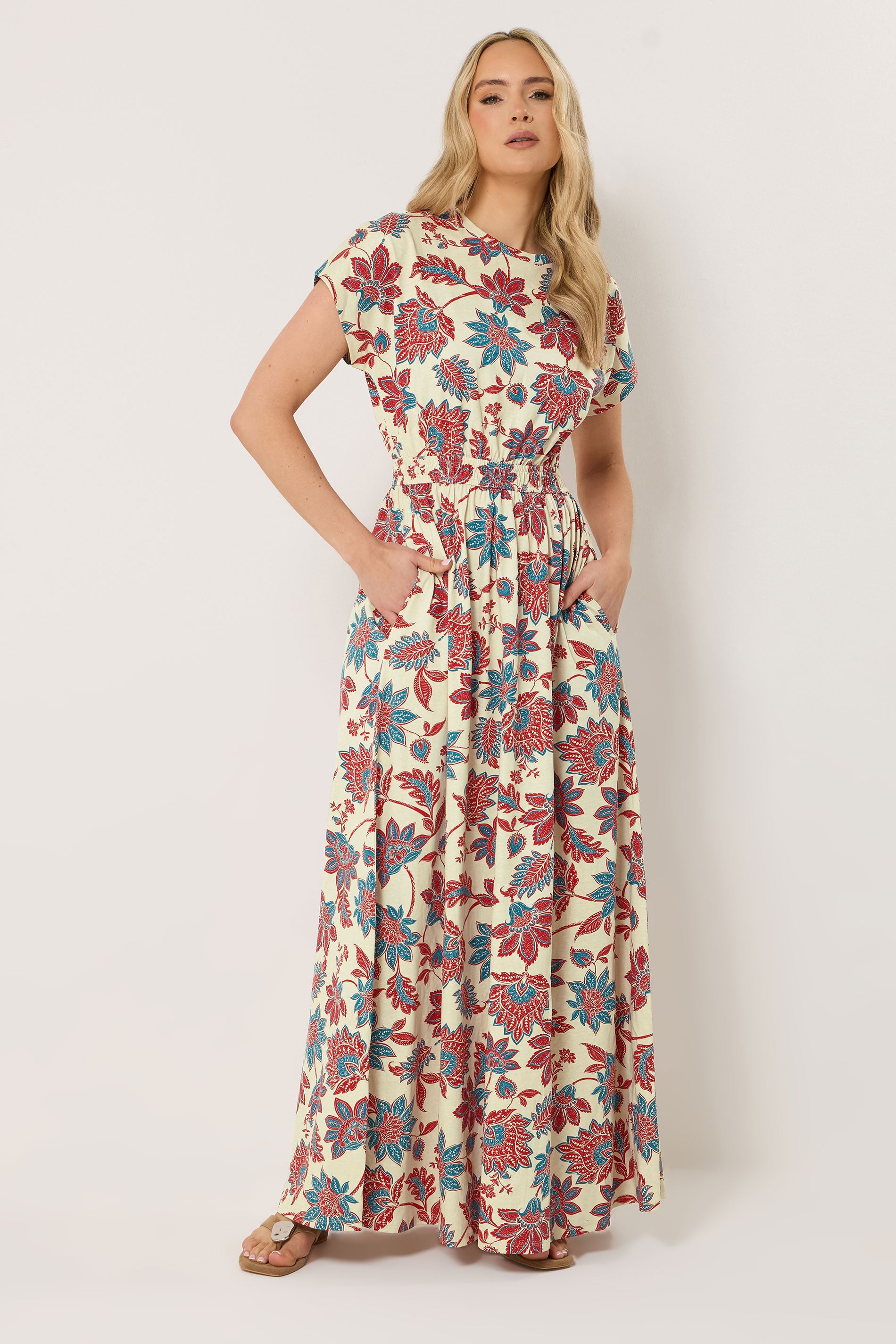 LTS Tall Women's Red & Blue Floral Shirred Waist Cotton Maxi Dress | Long Tall Sally 3