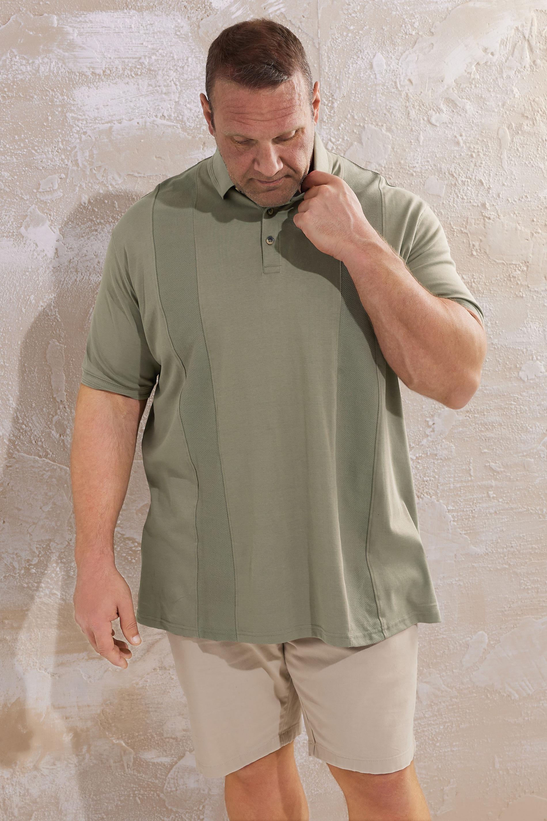 D555 Big & Tall Khaki Green Jacquard Knitted Panel Polo Shirt | BadRhino 1