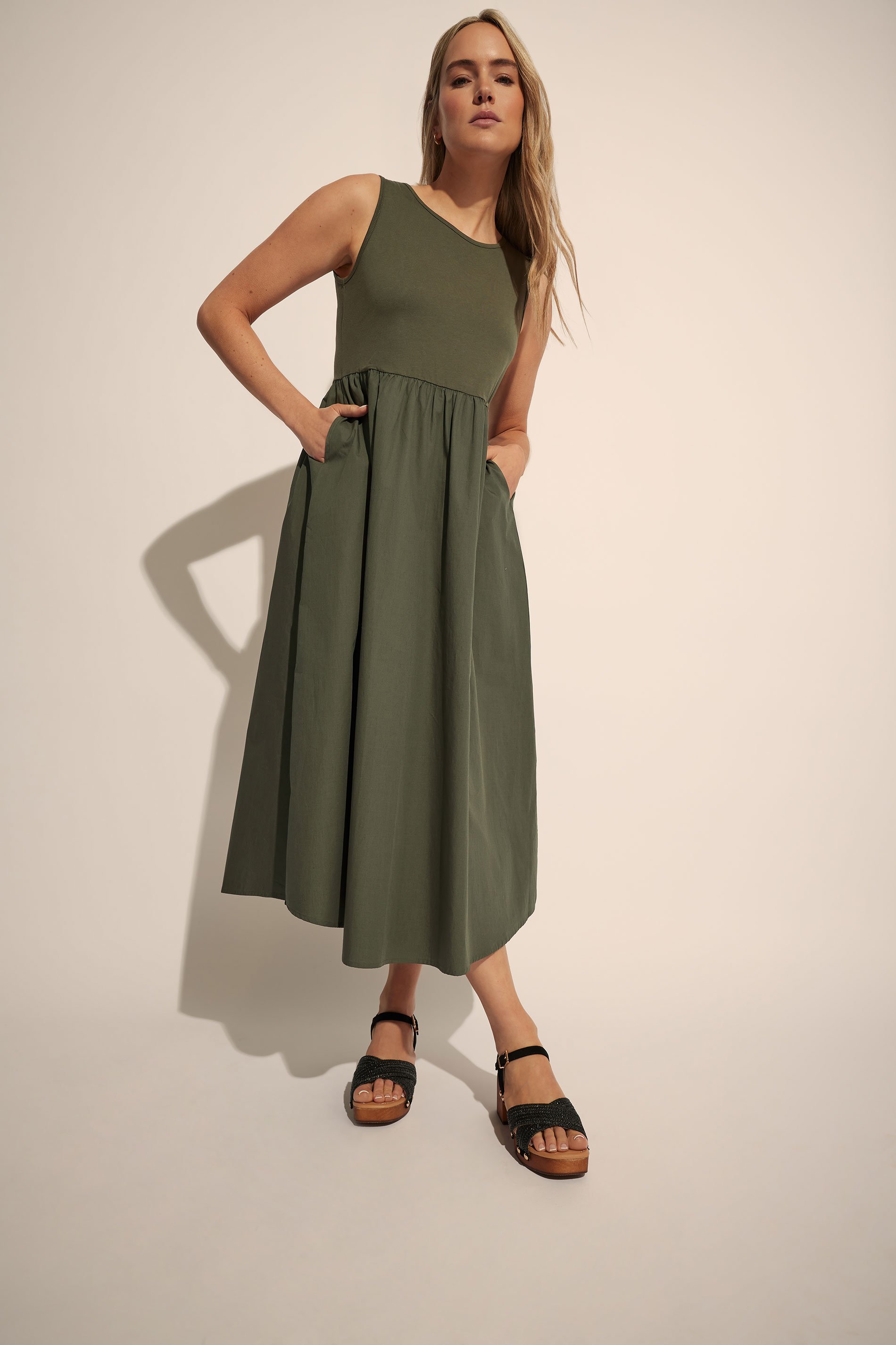 LTS Tall Khaki Green Jersey & Woven Mix Fabric Midi Dress | Long Tall Sally 1
