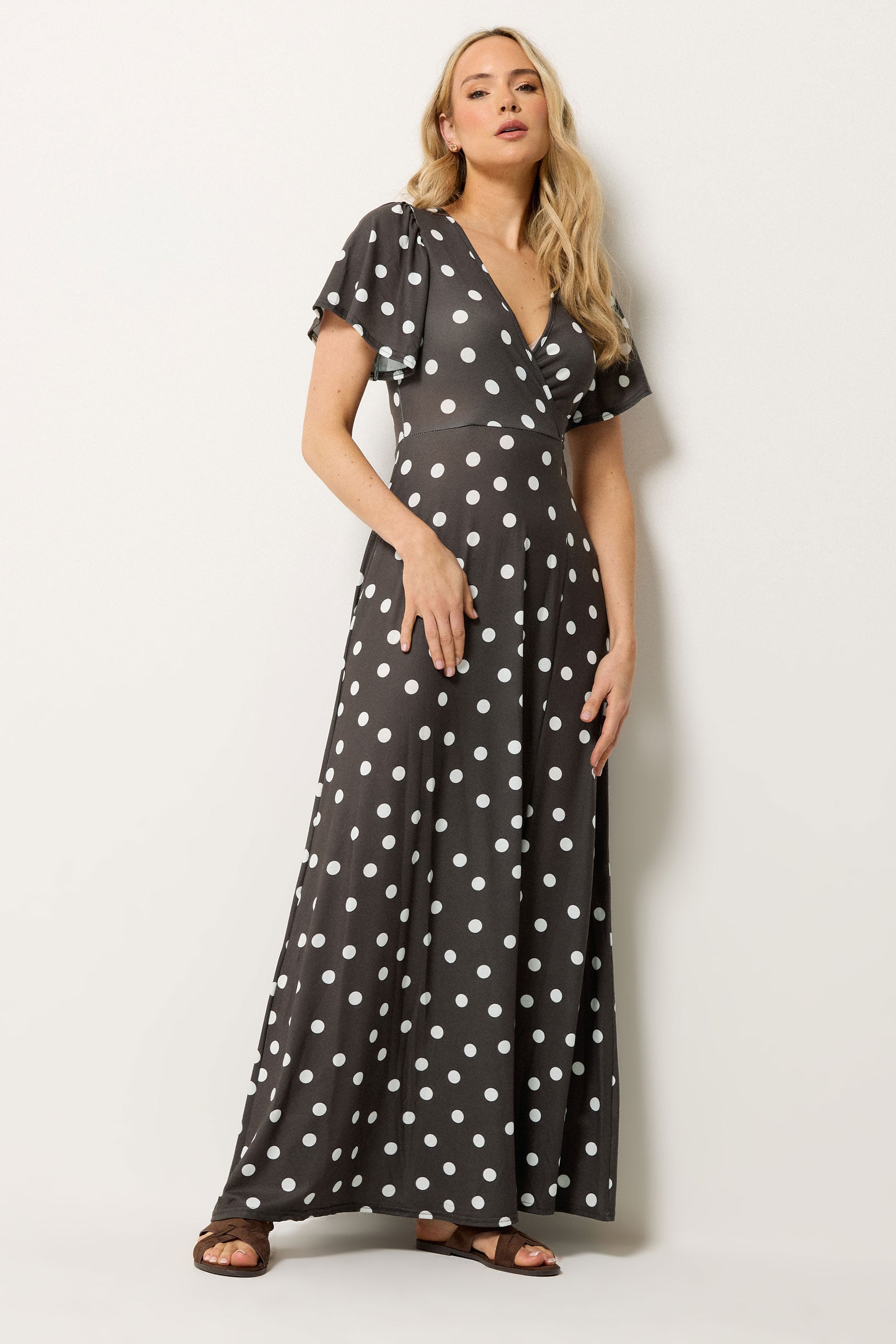 Lts Women's Brown Tall Chocolate Polka Dot Wrap Maxi Dress Size 14