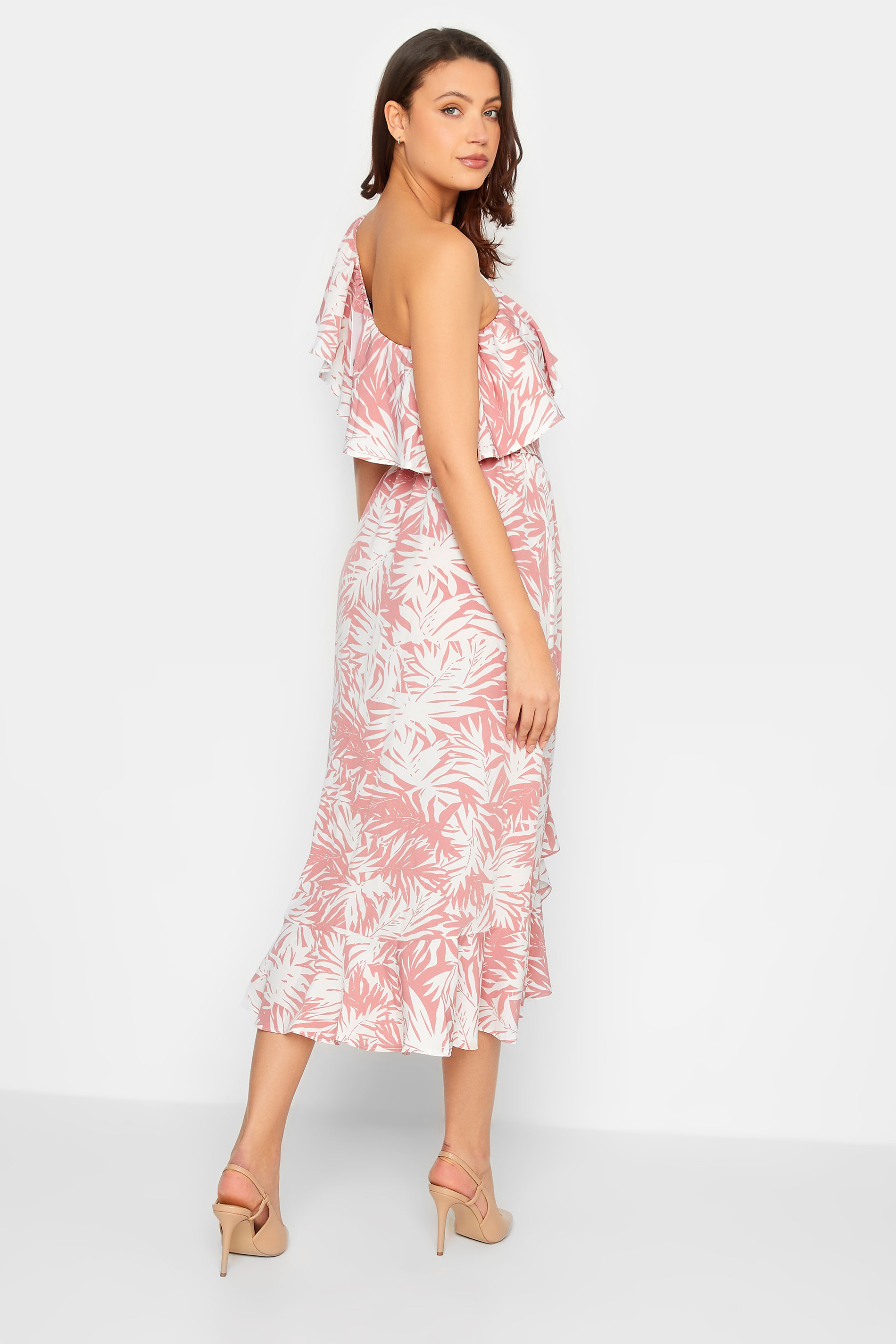 LTS Tall Women's Pink Leaf Print One Shoulder Frill Midi Dress | Long Tall Sally  3