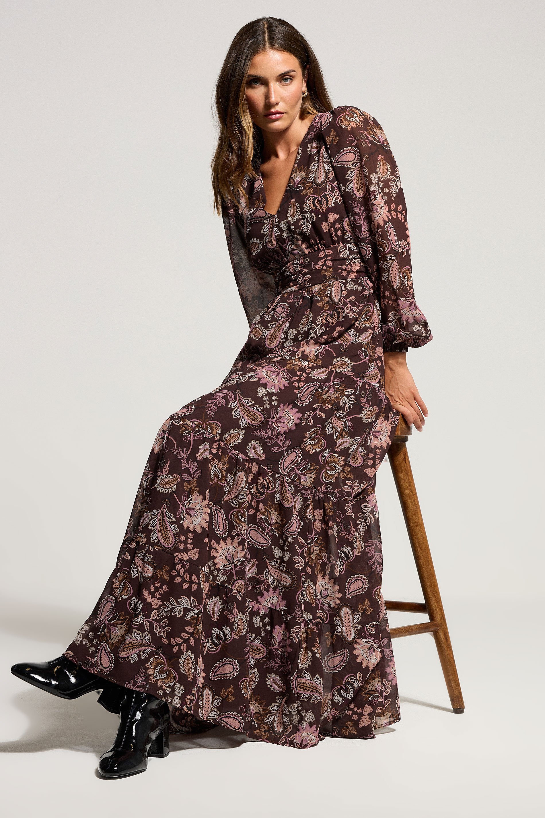 LTS Tall Chocolate Brown Paisley Chiffon Tiered Dress | Long Tall Sally 3