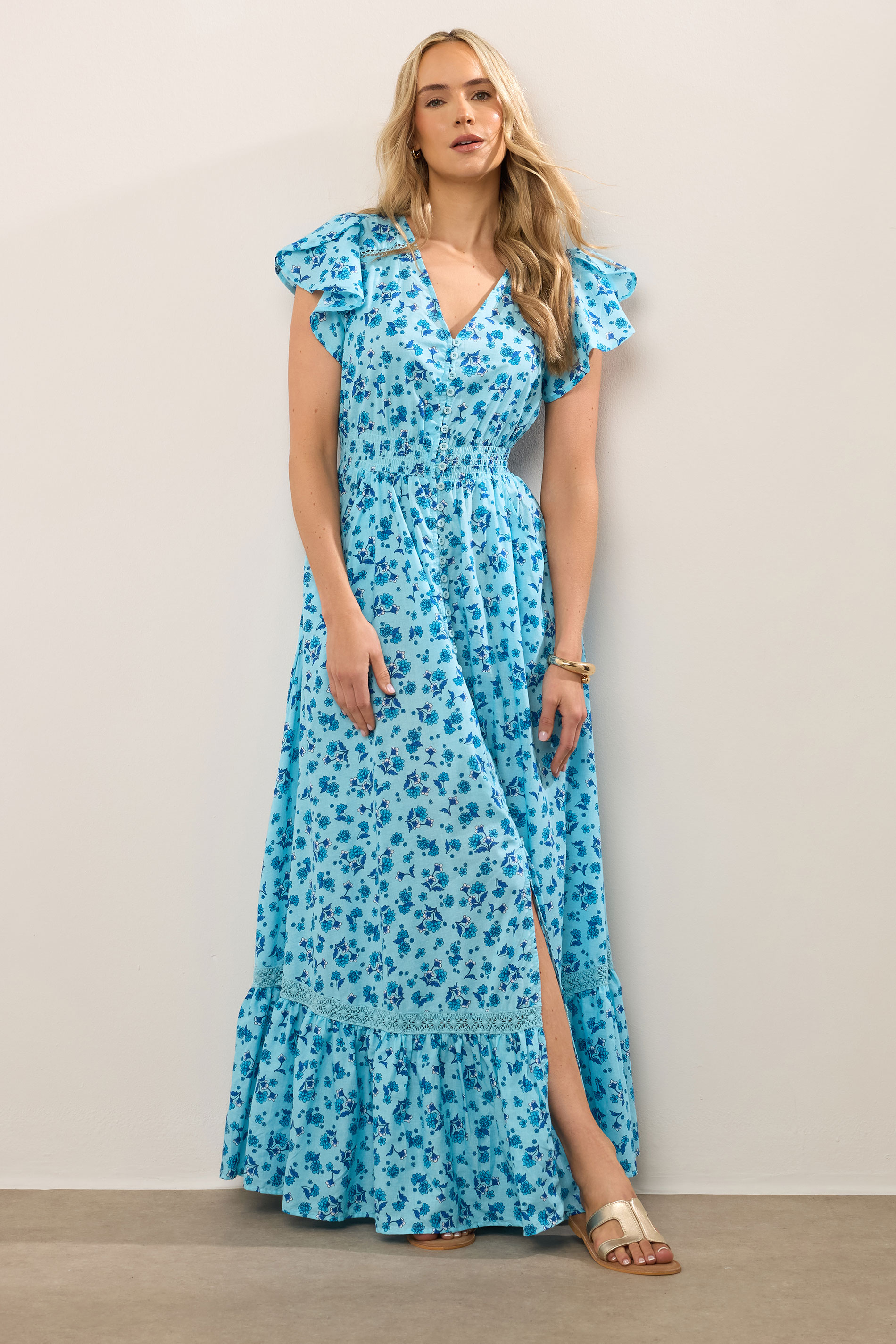 LTS Tall Blue Ditsy Floral Print Button Lace Insert Maxi Dress | Long Tall Sally 2