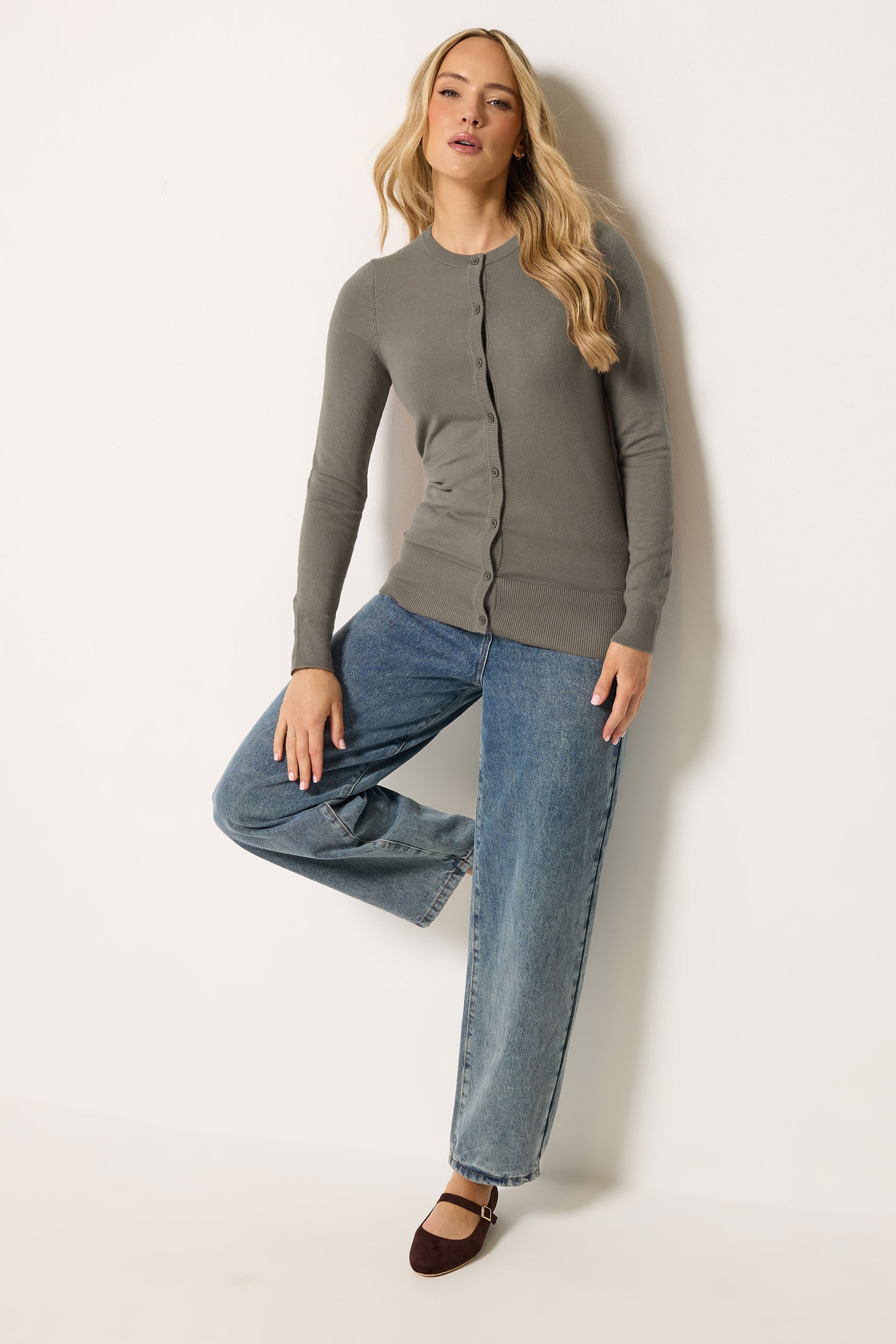 LTS Tall Mocha Brown Crew Neck Button Cardigan | Long Tall Sally 1
