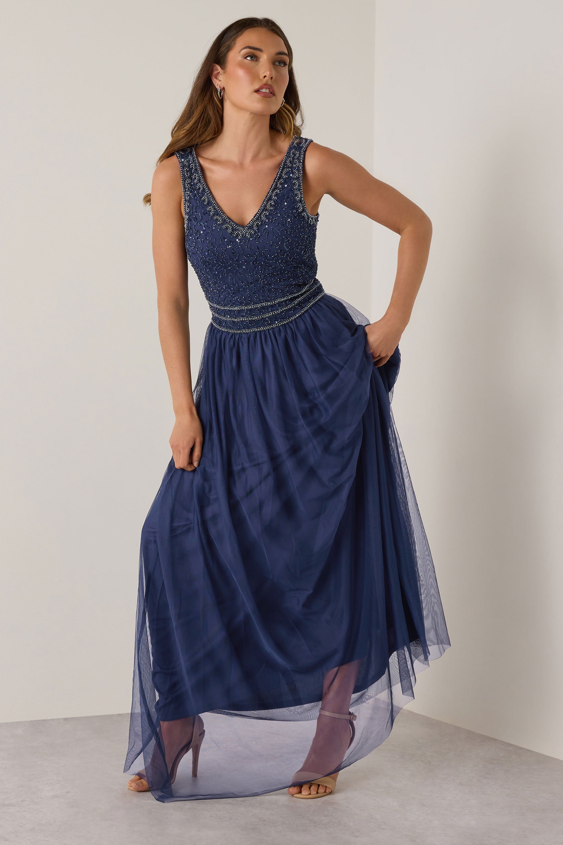 LTS Tall Women's Navy Blue Sequin Hand Embellished Maxi Dress | Long Tall Sally 2