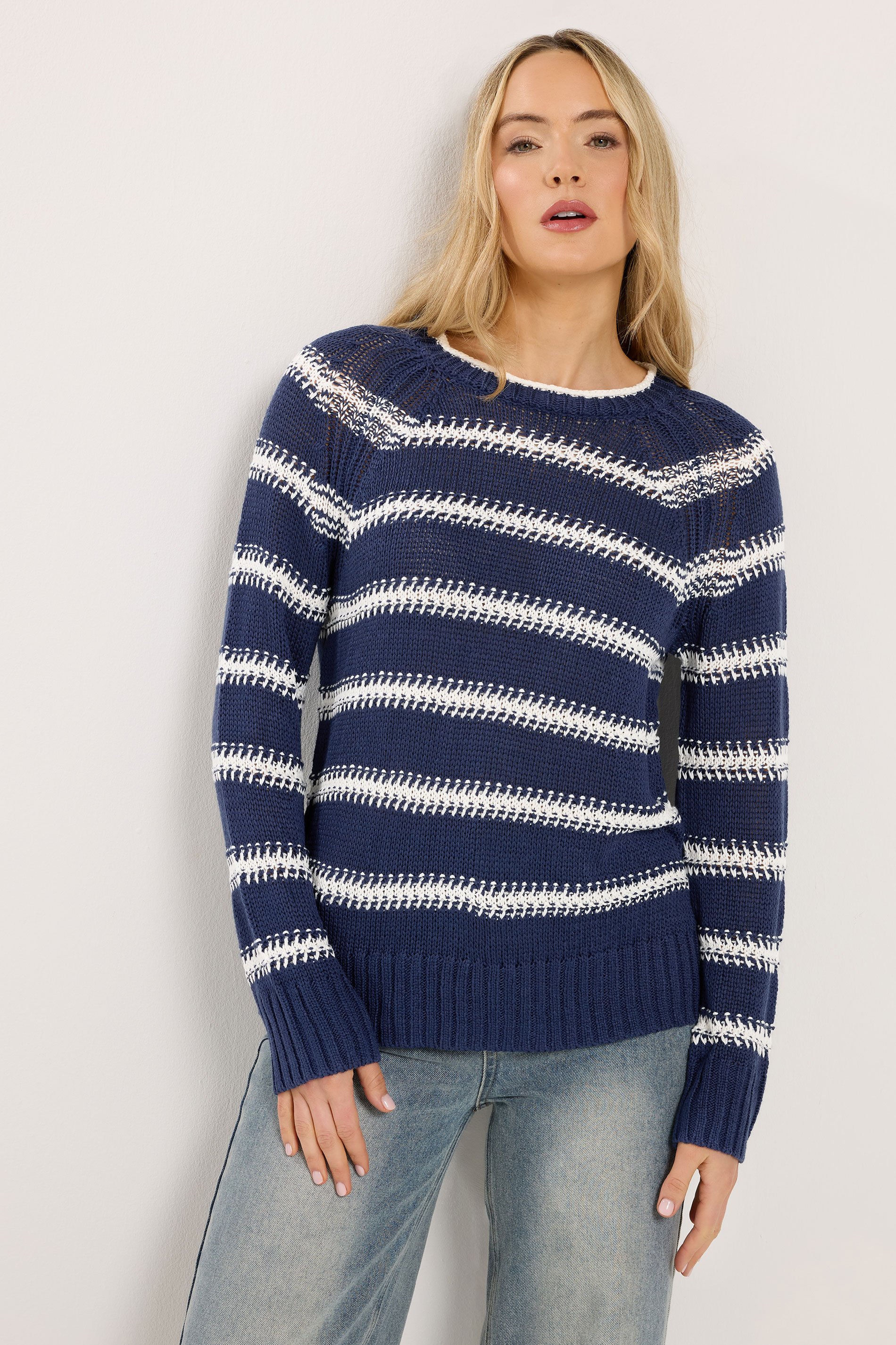 LTS Tall Navy Blue & White Stripe Knit Jumper | Long Tall Sally 1
