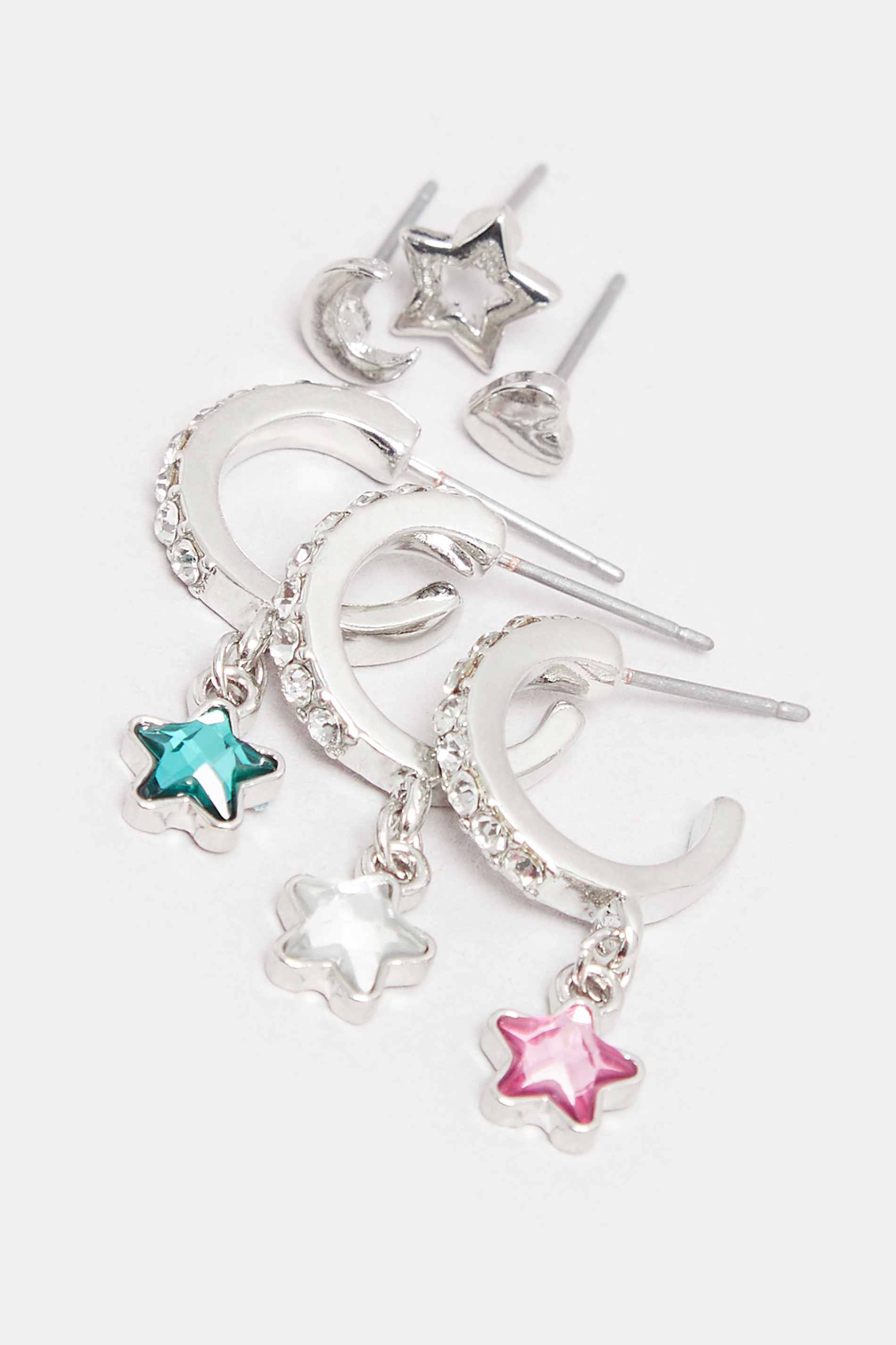 6 PACK Silver Diamante Star Earrings Set | Yours Clothing  3