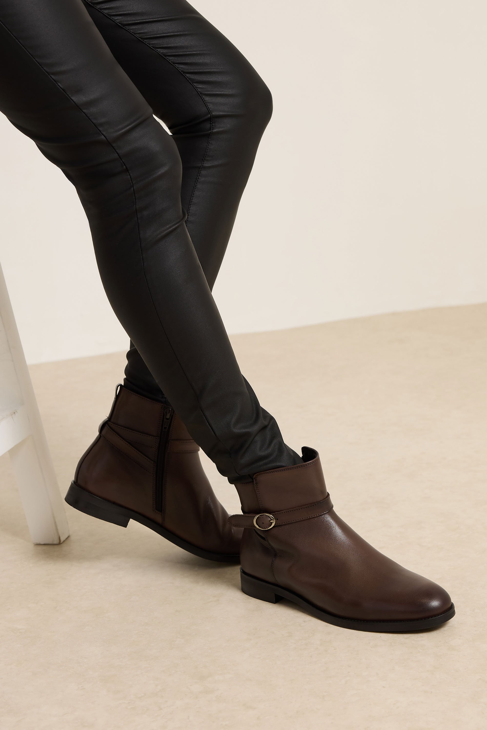 LTS Brown Leather Buckle Detail Ankle Boots In Standard Fit | Long Tall Sally 2