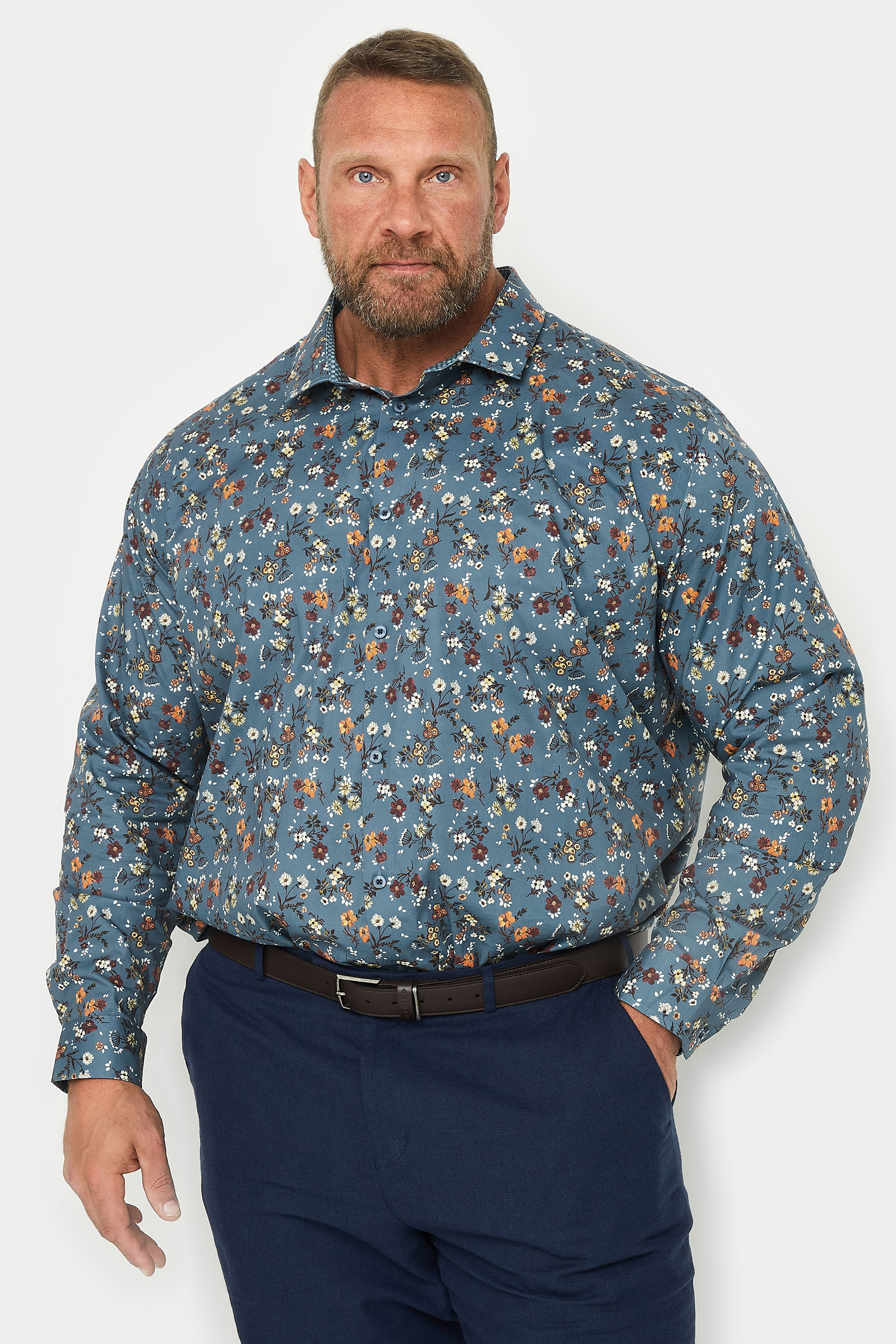 BadRhino Tailoring Big & Tall Premium Blue Floral Print Long Sleeve Shirt | BadRhino 2