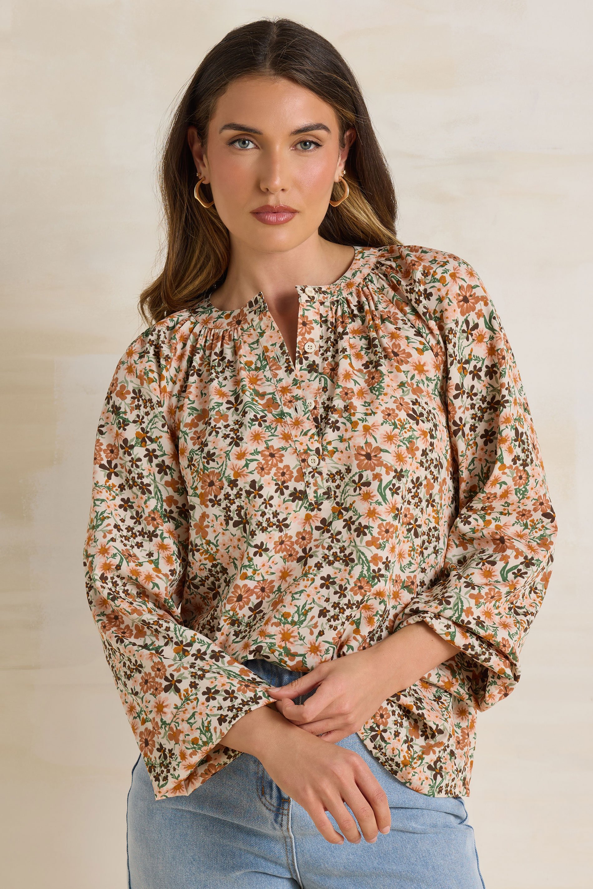 LTS Tall Natural Brown Floral Half Button Blouse | Long Tall Sally 1