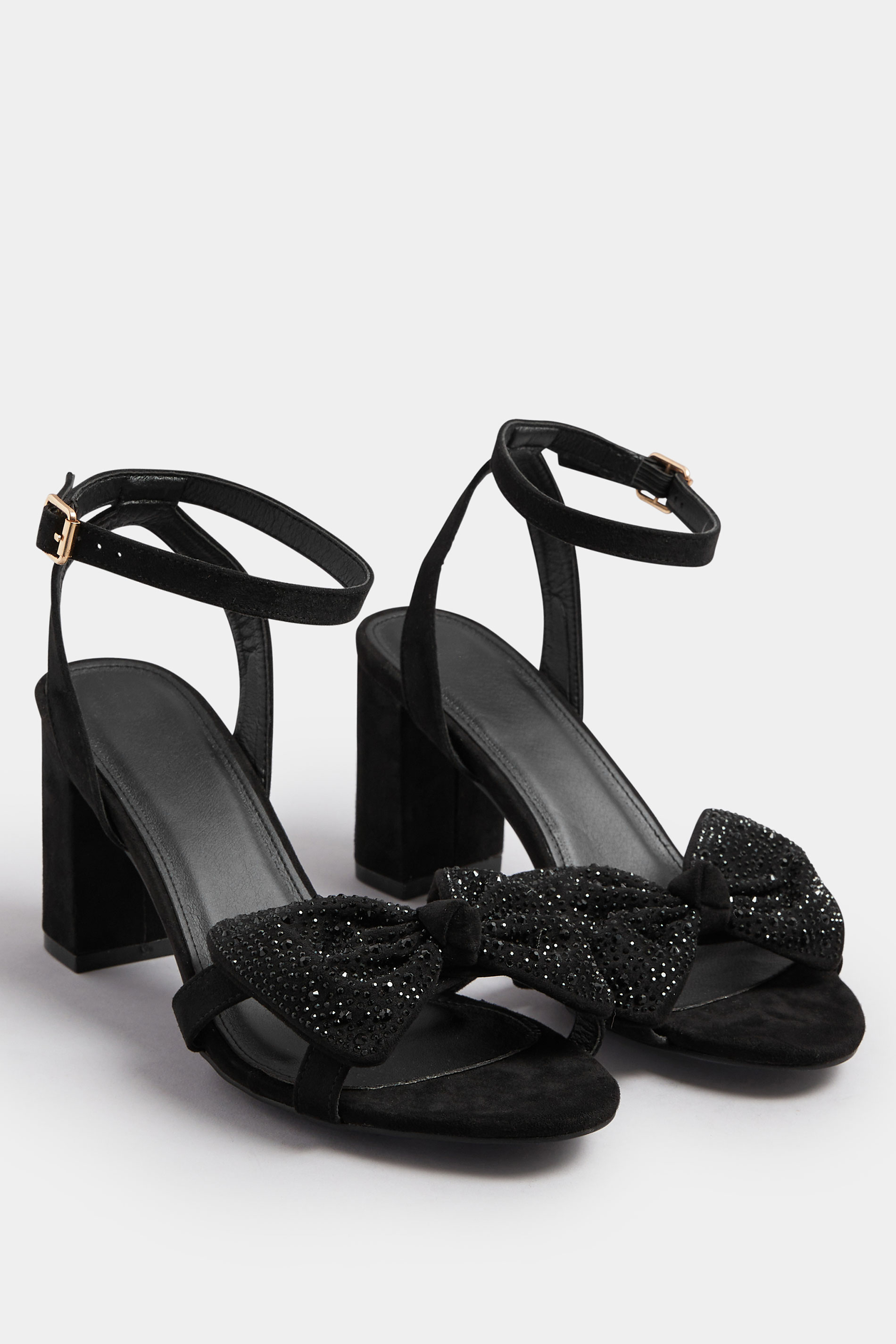 Black Diamante Bow Block Heel Sandals In Extra Wide EEE Fit | Yours Clothing 3