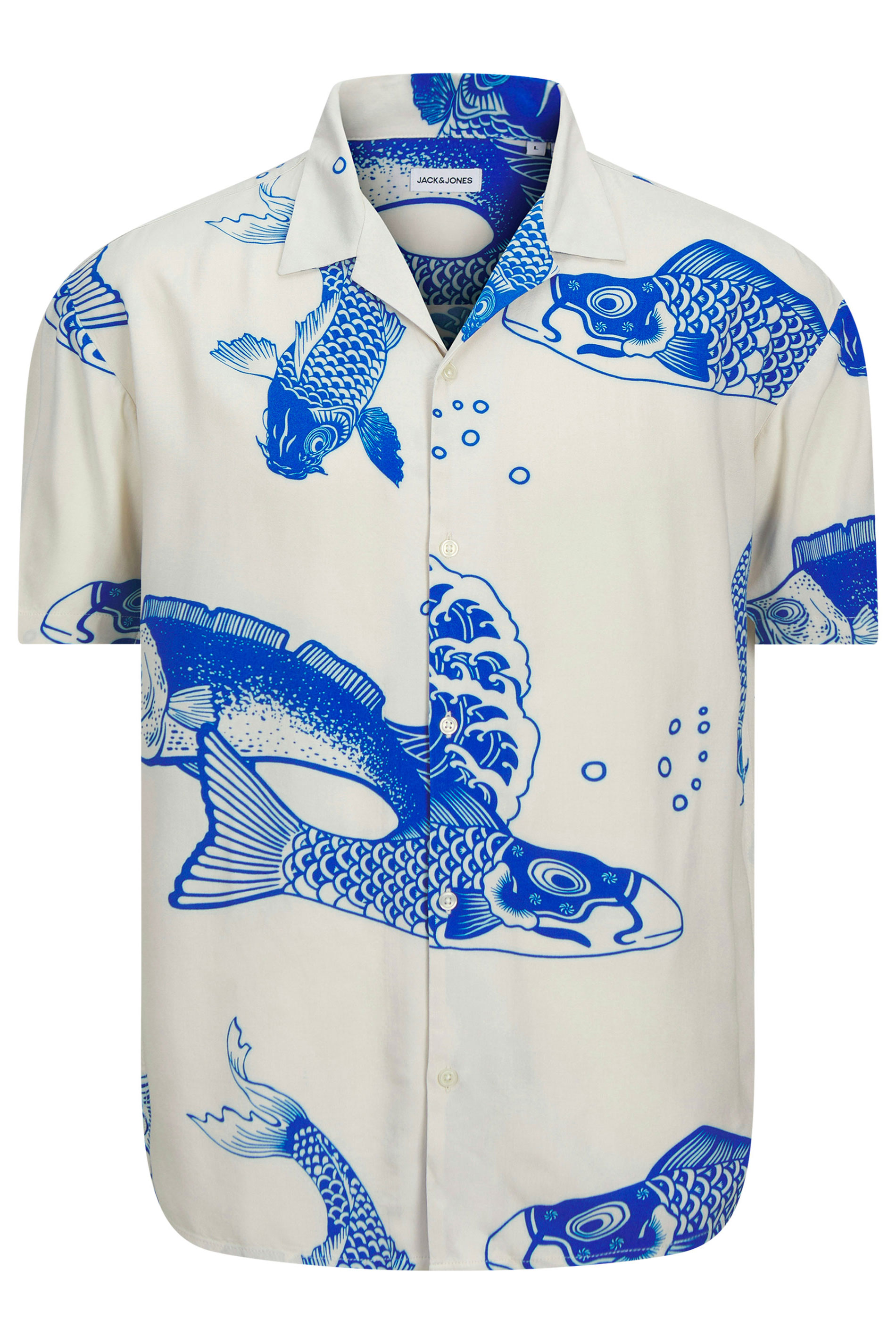 JACK & JONES Big & Tall White & Blue Koi Print Resort Shirt | BadRhino 3