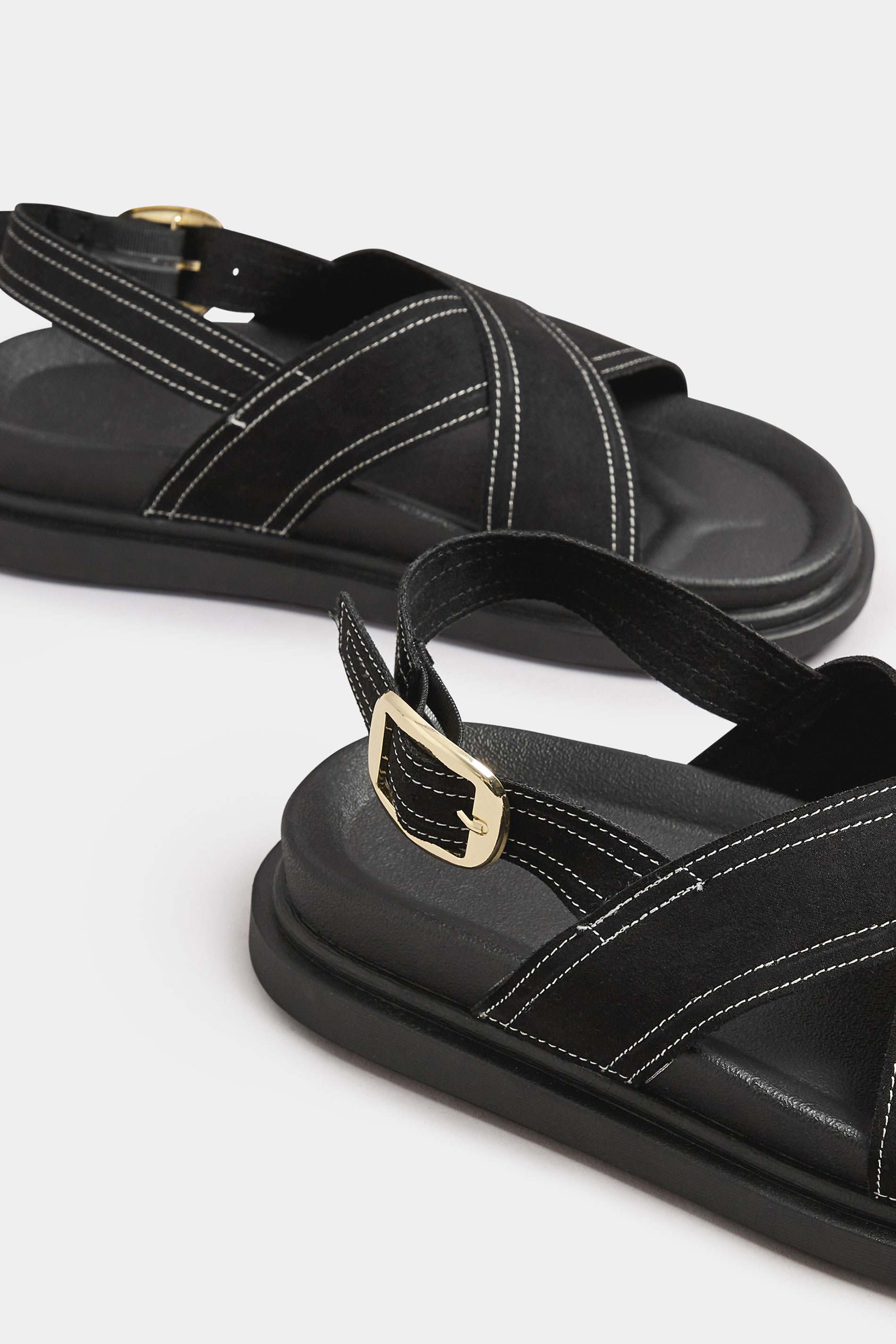 Black Contrast Stitch Cross Strap Sandals In Extra Wide EEE Fit | Yours Clothing 5