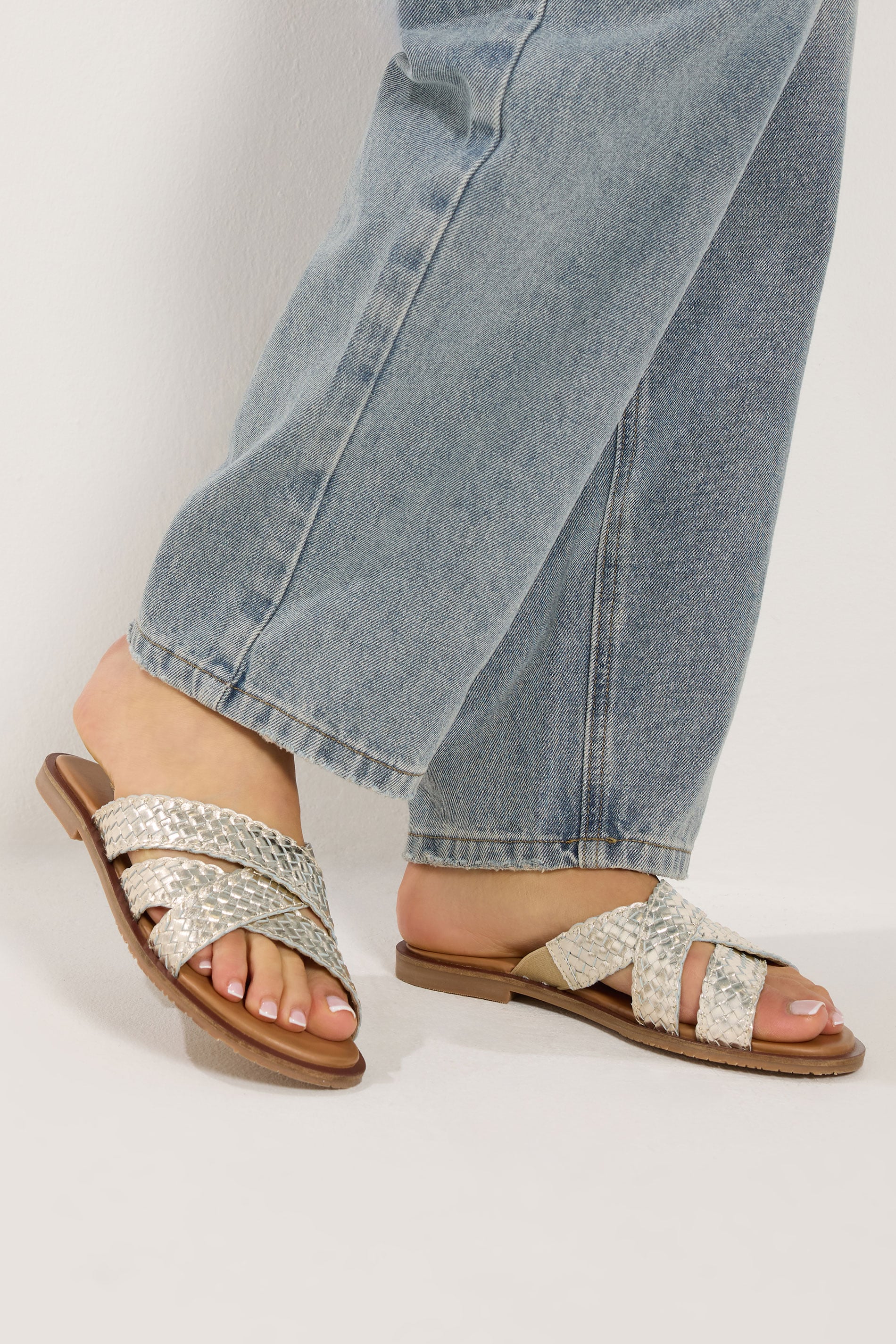 LTS Gold Faux Leather Woven Mule Sandals In Standard Fit | Long Tall Sally 1