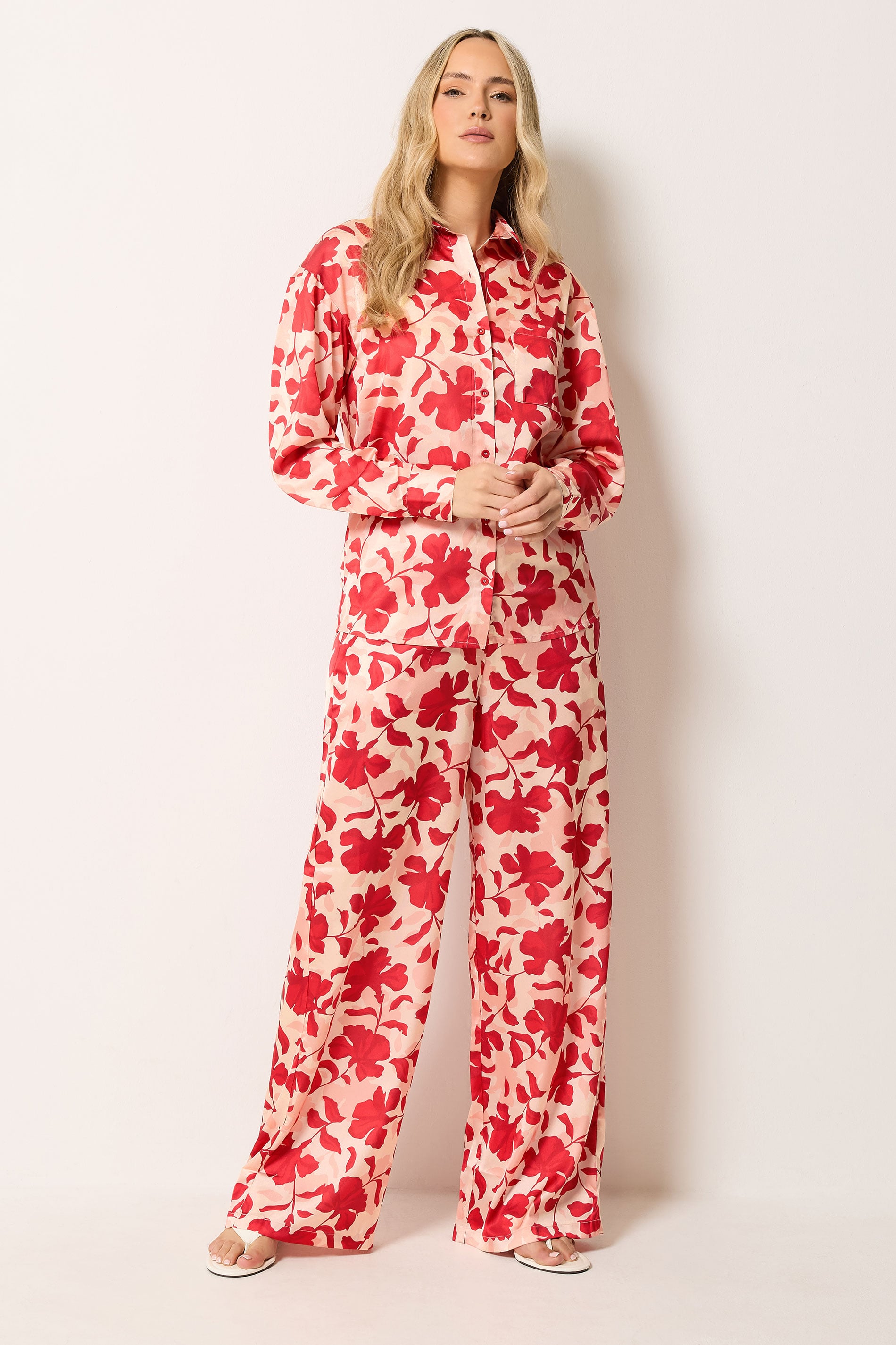 LTS Tall Women's Set Pink Floral Satin Button Shirt & Wide Leg Trousers | Long Tall Sally 1