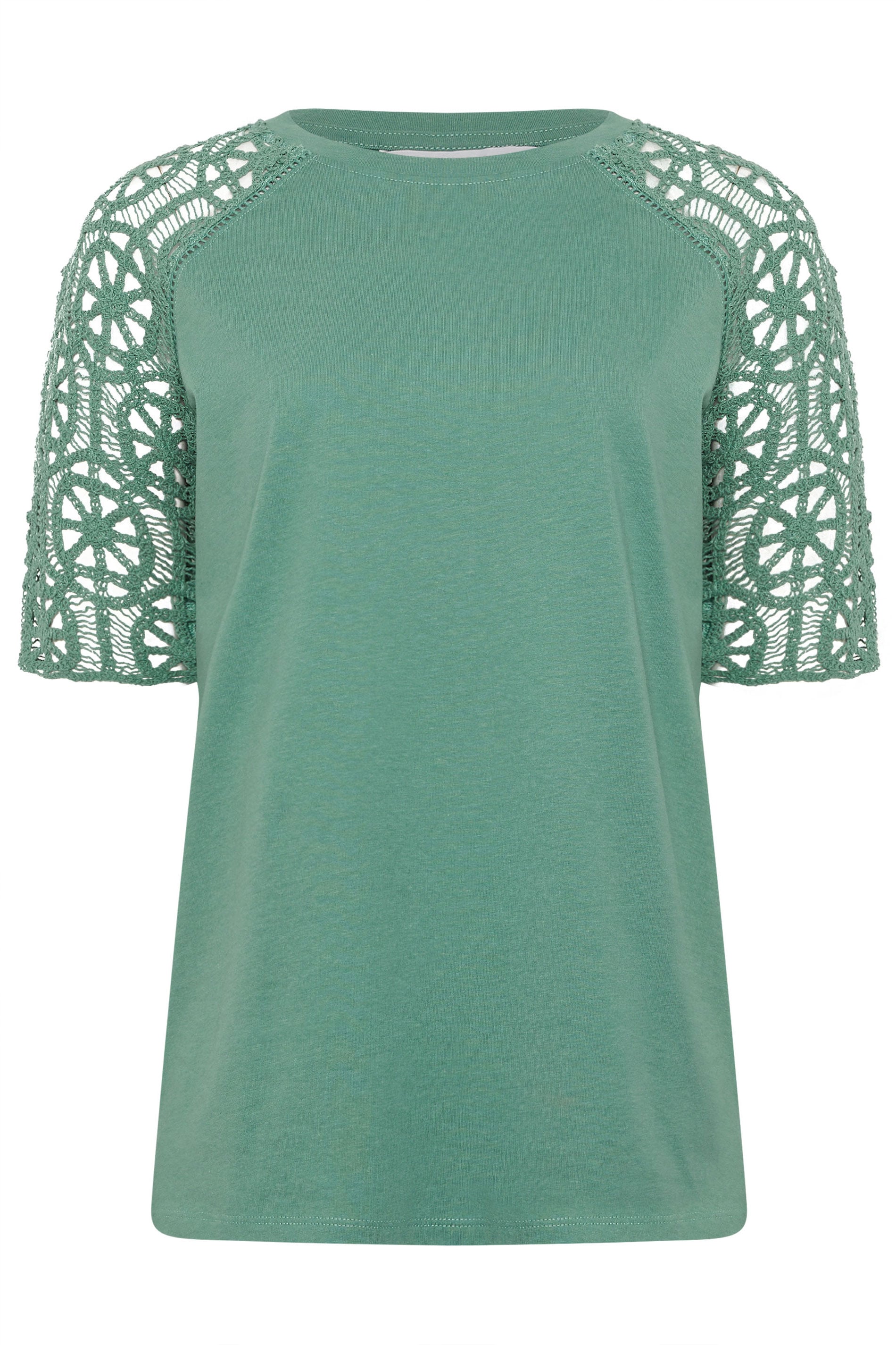 LTS Tall Women's Teal Green Crochet Raglan Cotton T-Shirt | Long Tall Sally 5