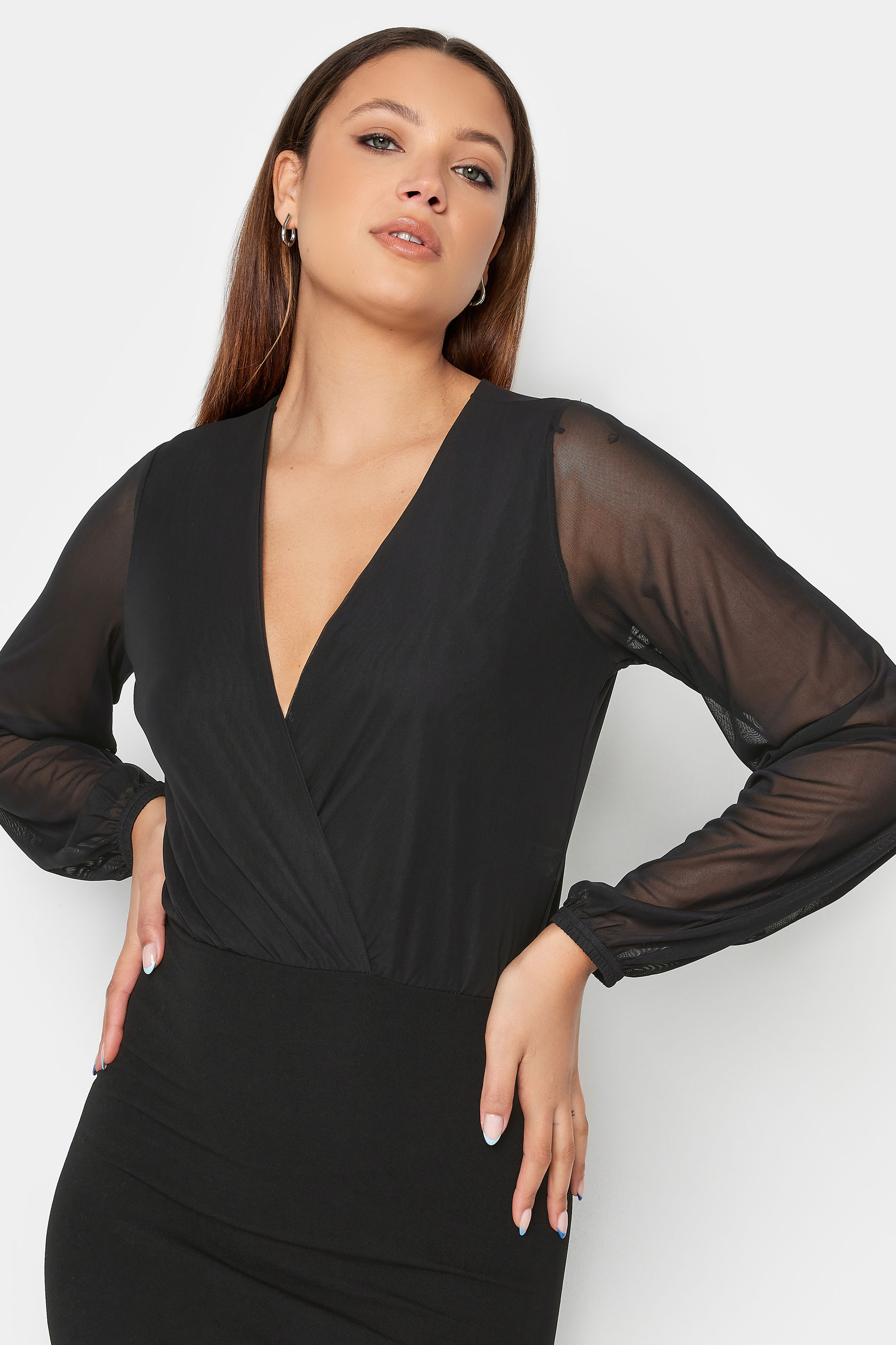LTS Tall Black Mesh Sleeve Midi Wrap Dress | Long Tall Sally  4
