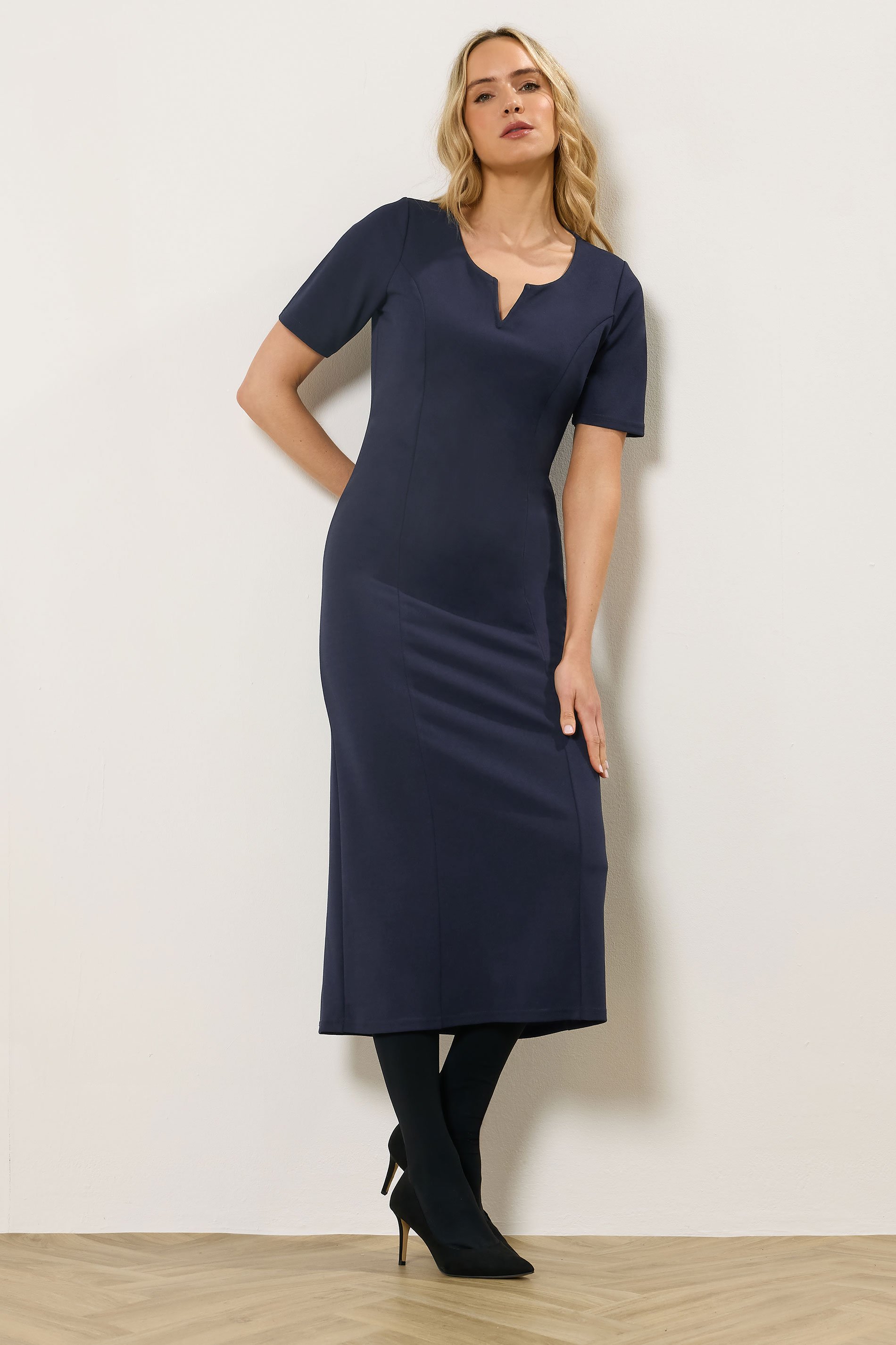 LTS Tall Women's Navy Blue Notch Neck Midi Dress | Long Tall Sally 1