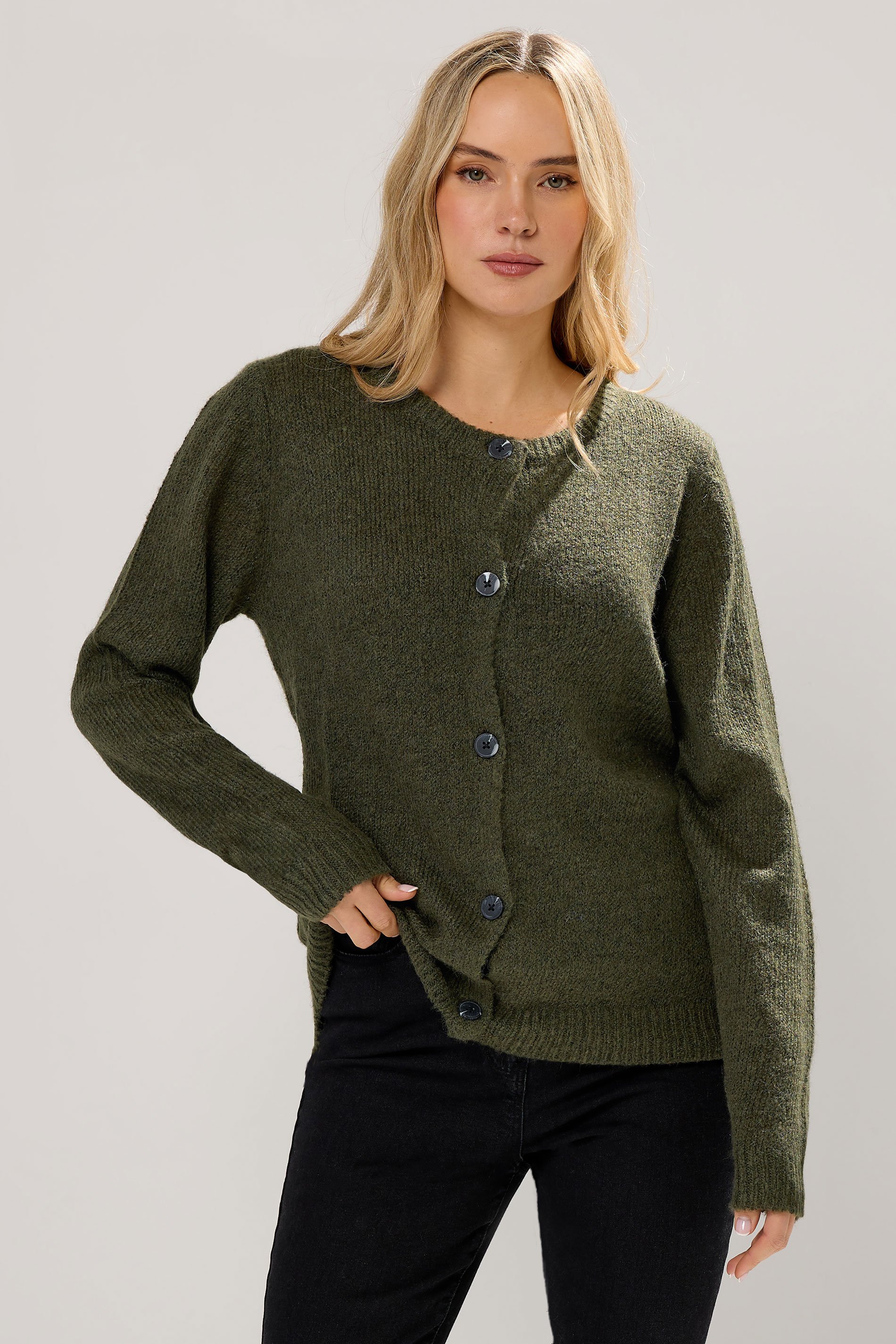 LTS Tall Khaki Green Knitted Button Cardigan | Long Tall Sally 1
