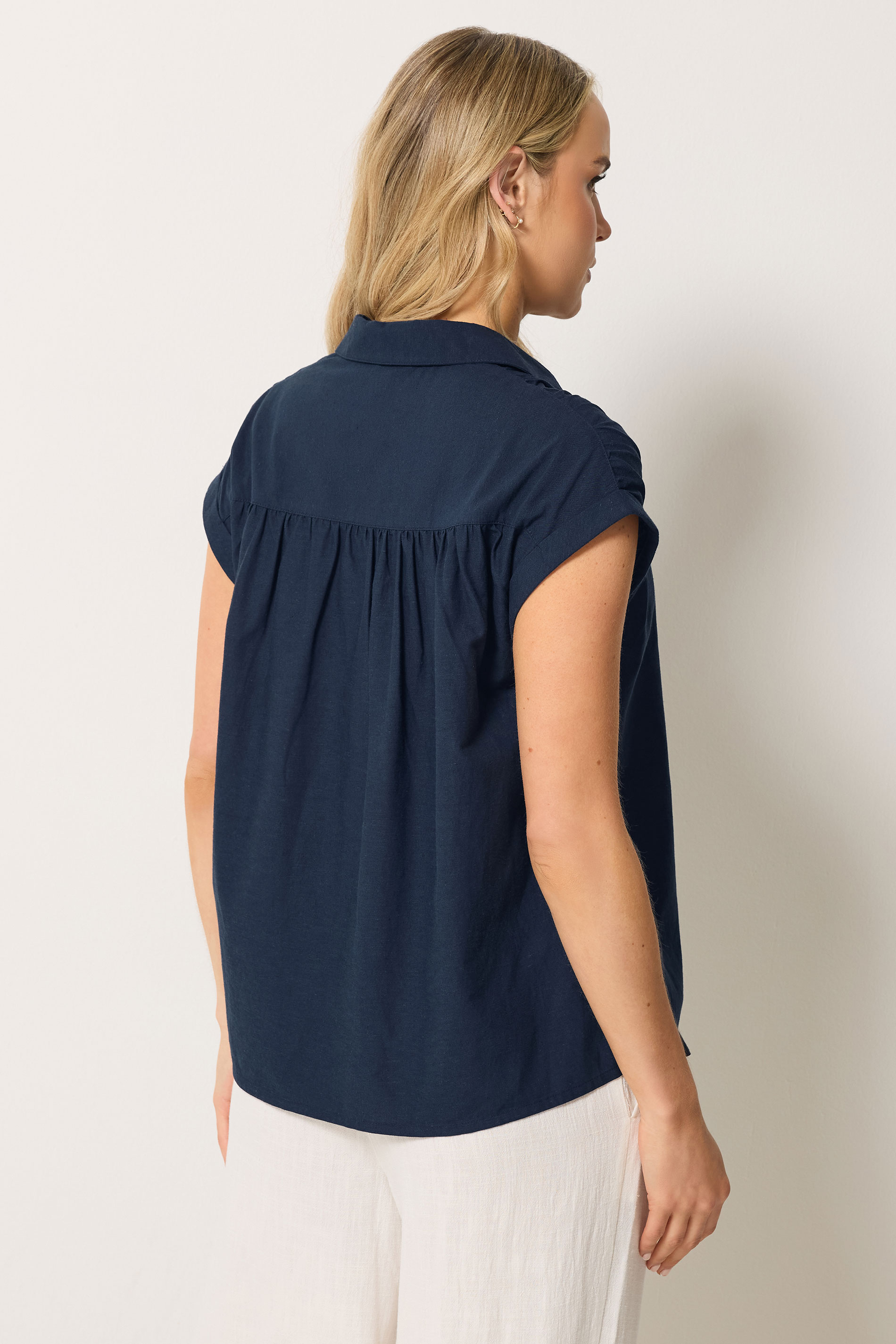 LTS Tall Women's Navy Blue Shirred Detail Linen Blouse | Long Tall Sally 2