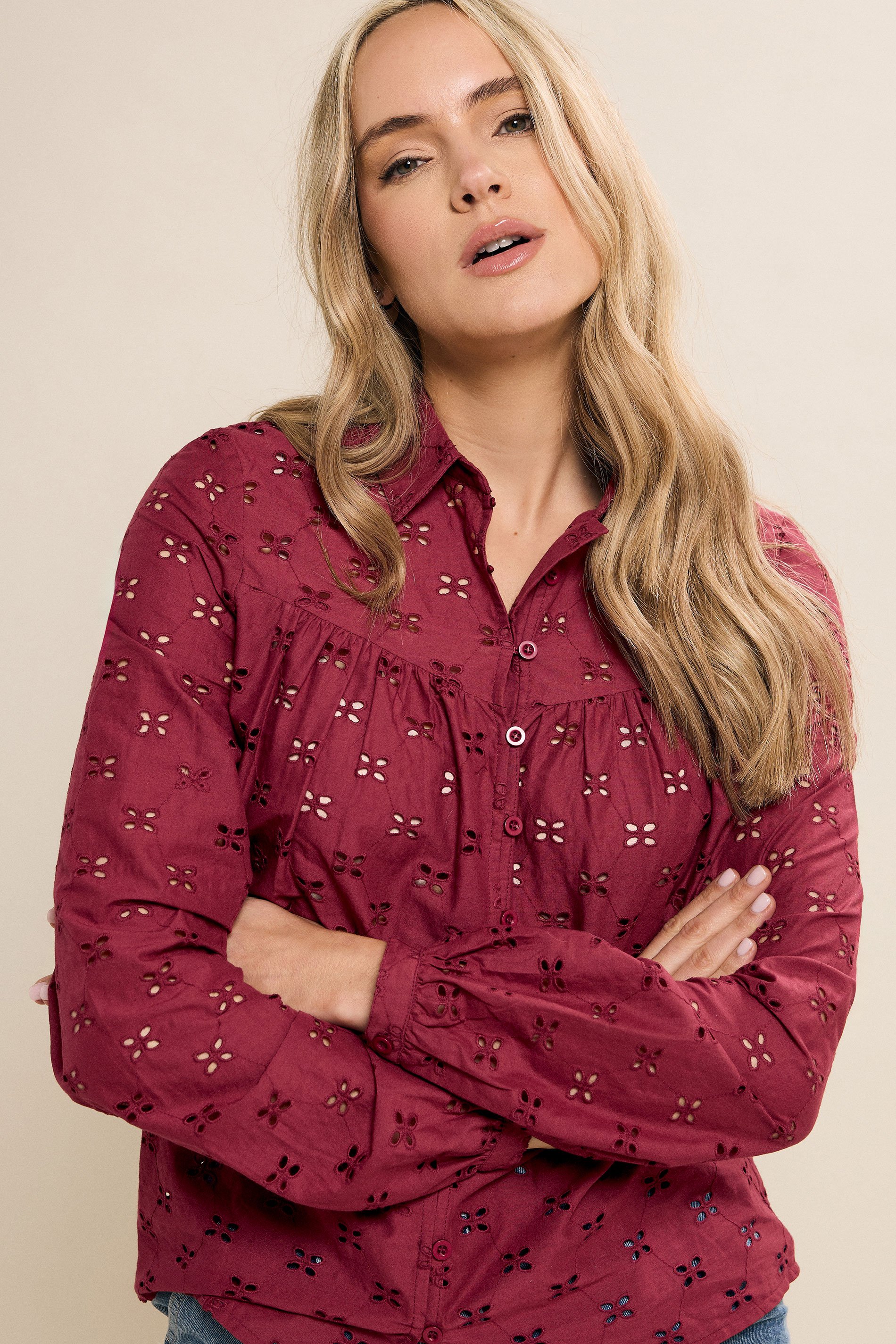 LTS Tall Red Cotton Broderie Yoke Shirt | Long Tall Sally 5