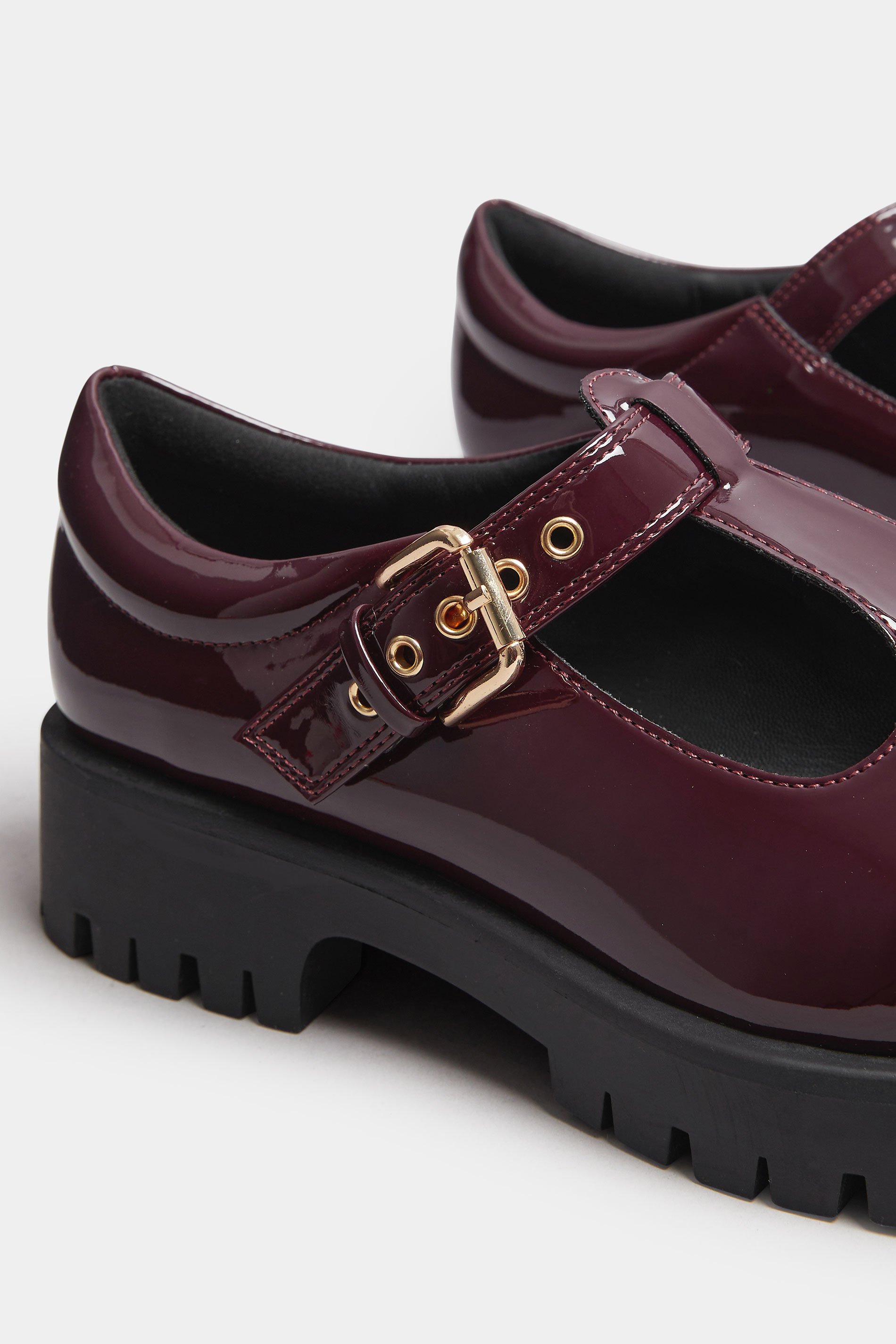 Burgundy Red Patent Chunky T-Bar Mary Janes In Extra Wide EEE Fit | Yours Clothing 6
