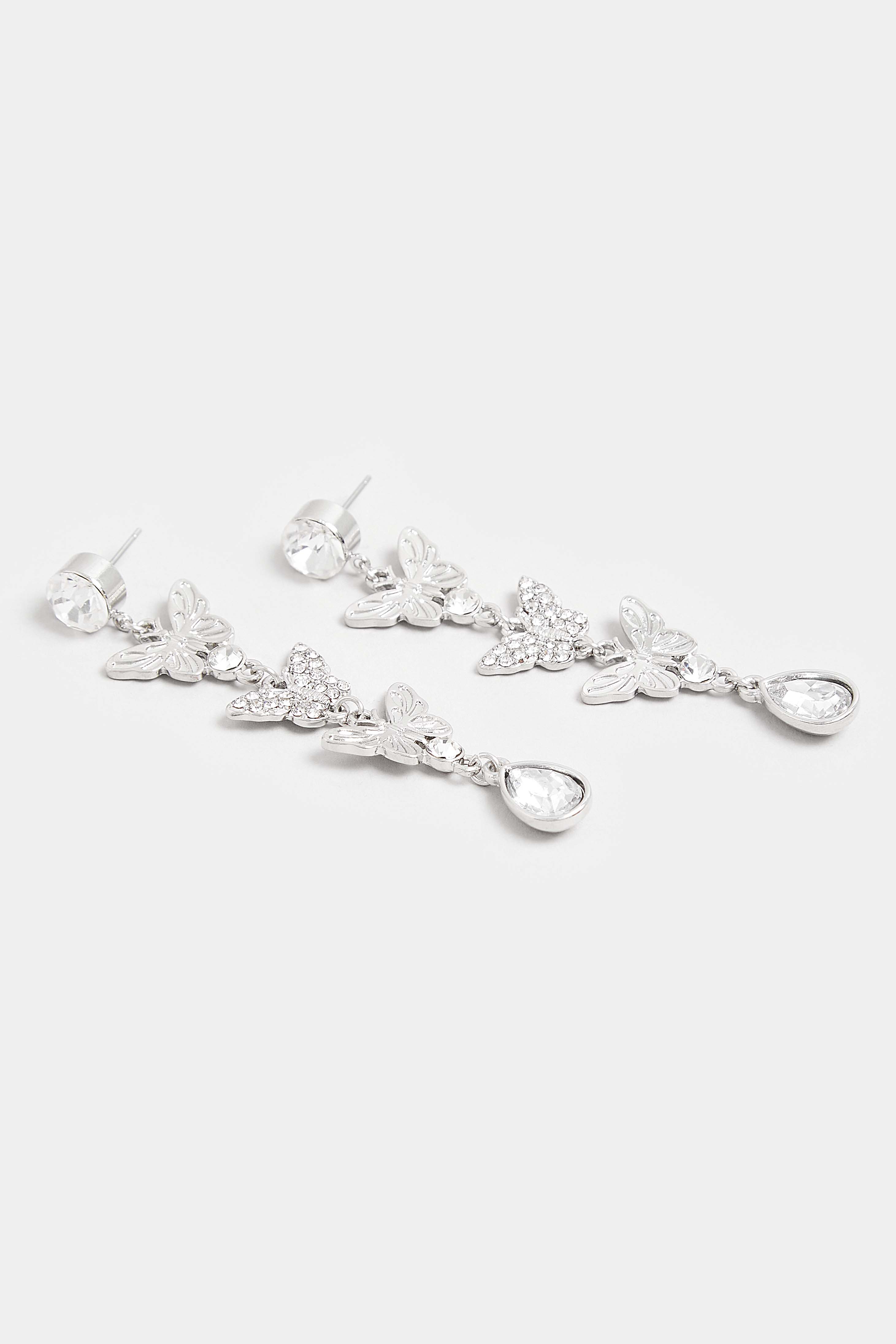 Silver Butterfly Diamante Drop Earrings | Yours Clothing 3