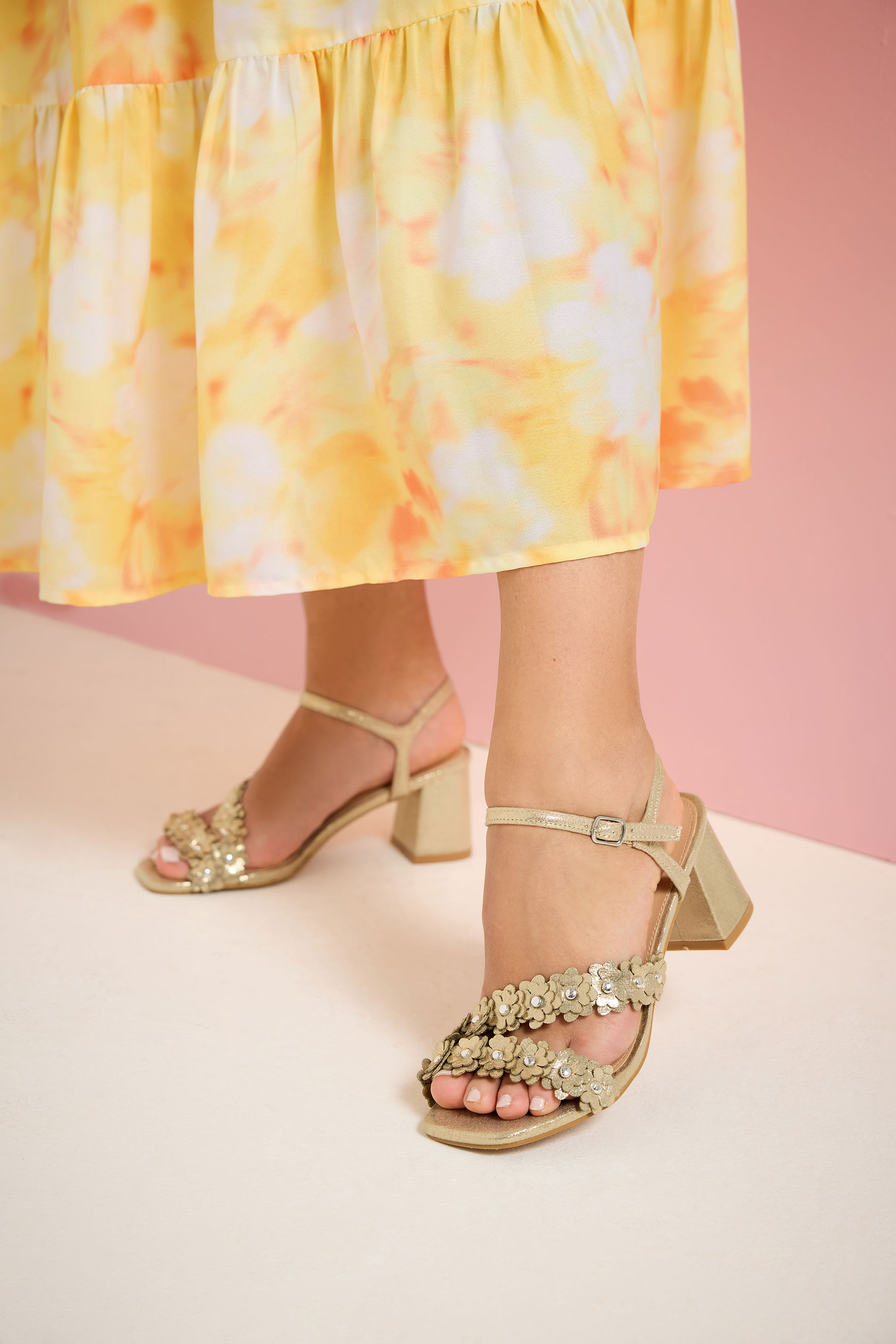Gold Shimmer Floral Block Heel Sandals In Extra Wide EEE Fit | Yours Clothing 1